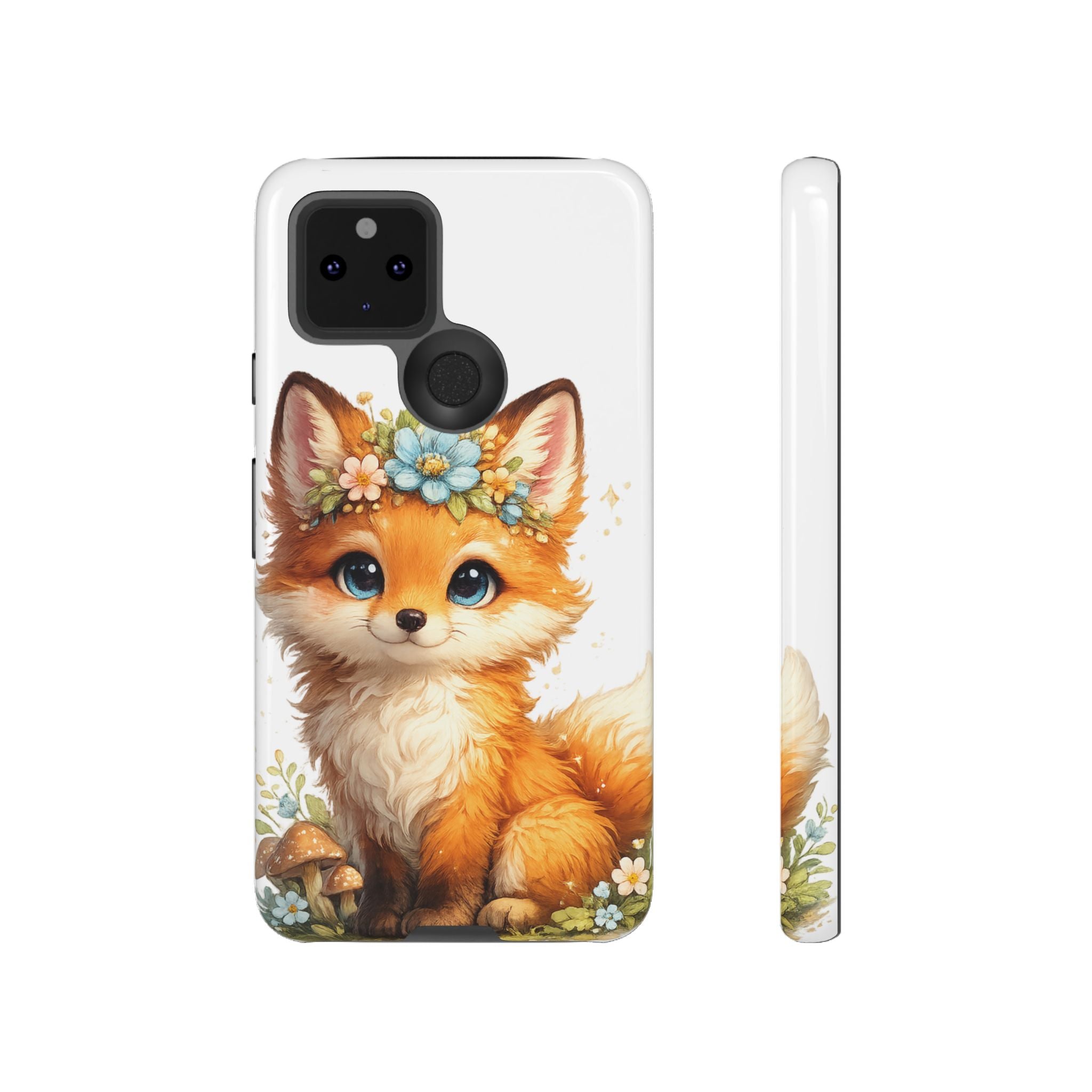 Woodland Fox Cub Phone Case — Protective Tough Case with Floral & Mushroom Art
