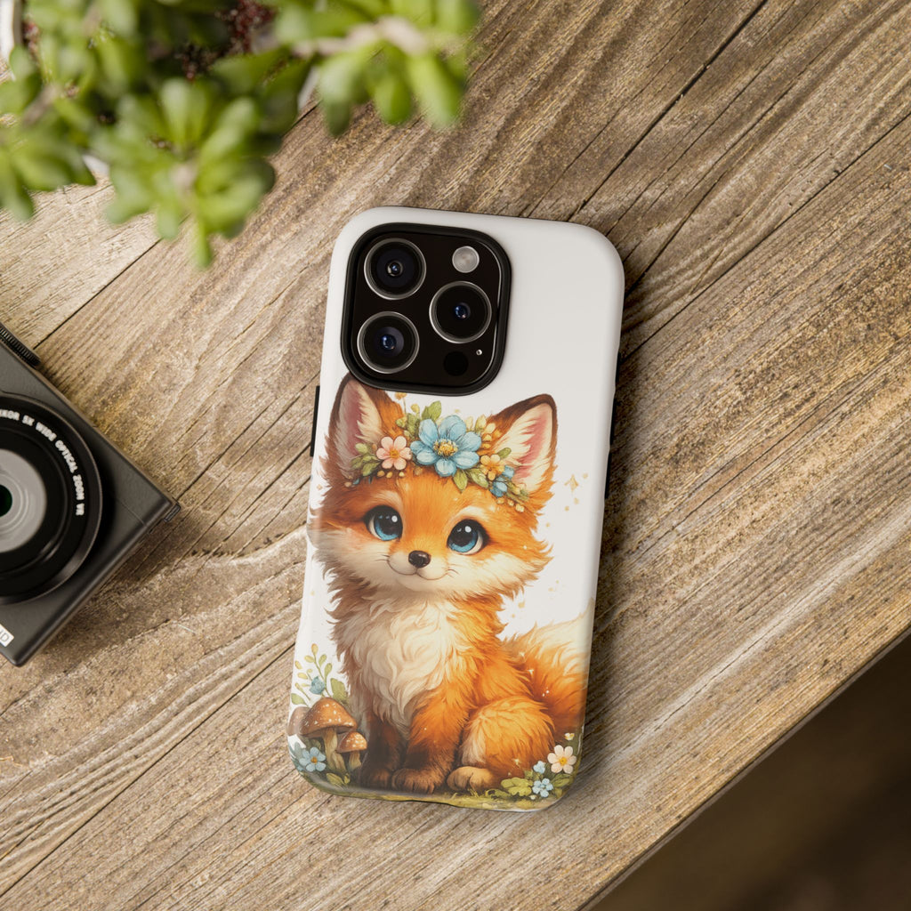 Woodland Fox Cub Phone Case — Protective Tough Case with Floral & Mushroom Art