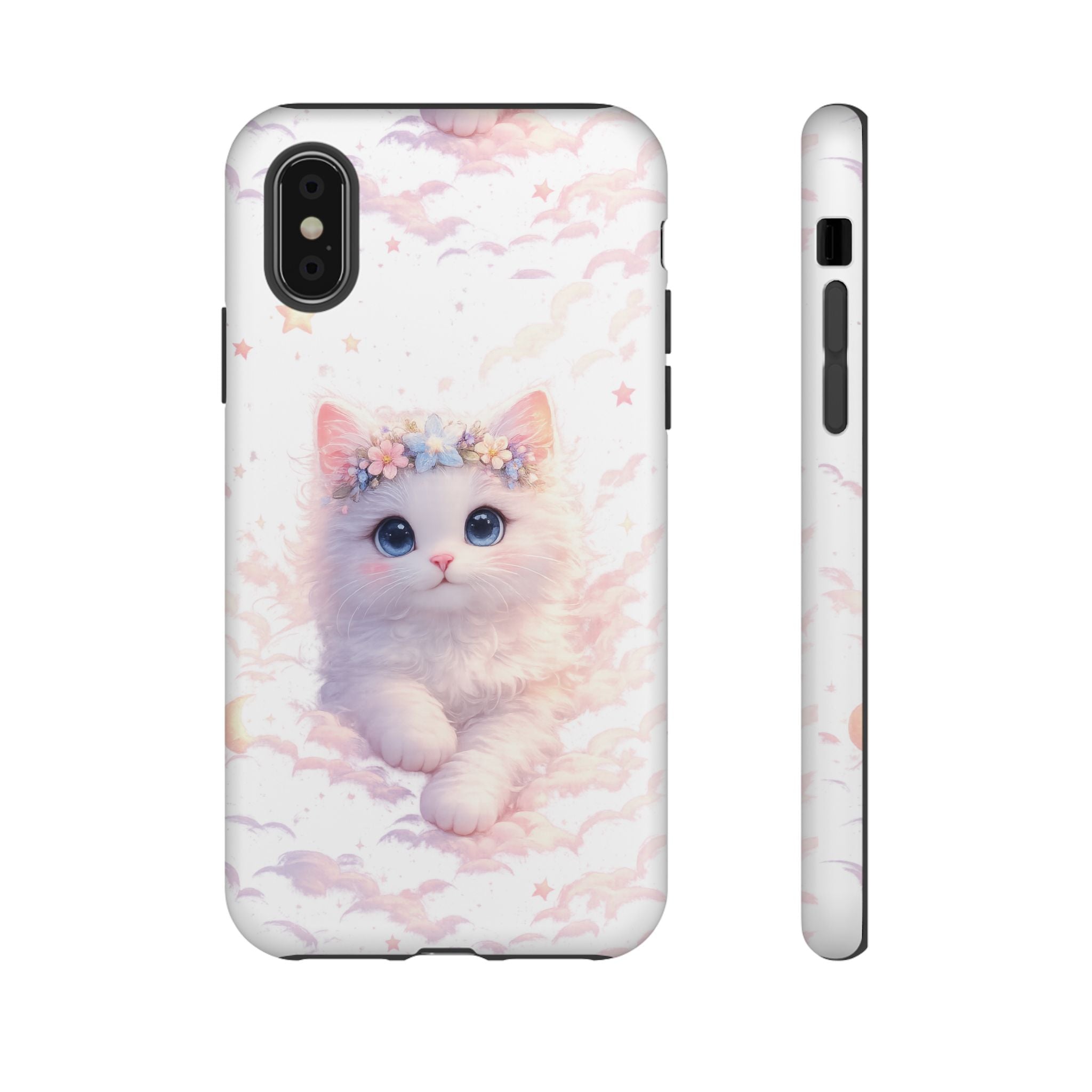 Cute Crowned Kitten Phone Case — Pastel Cloud & Star Protective Case