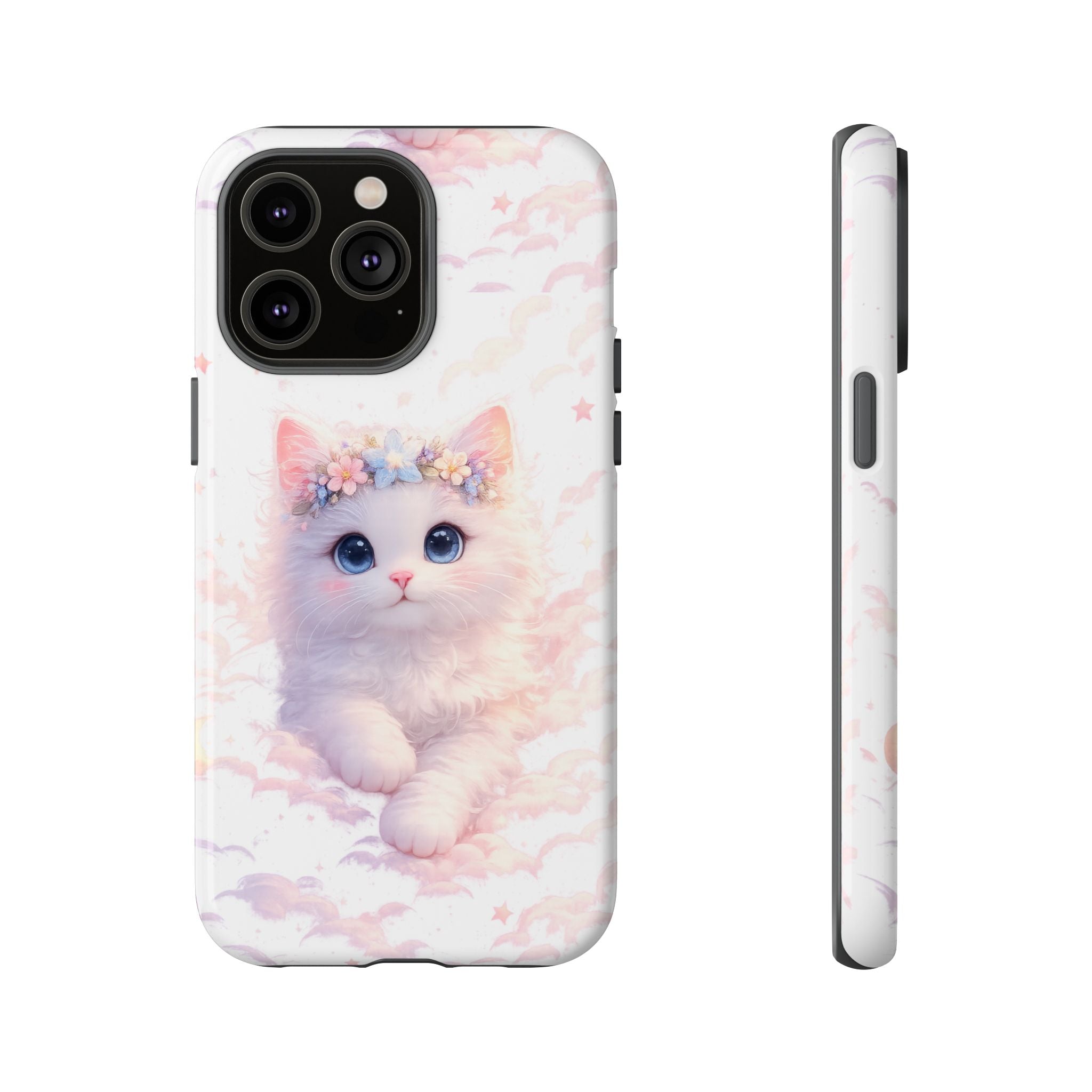 Cute Crowned Kitten Phone Case — Pastel Cloud & Star Protective Case