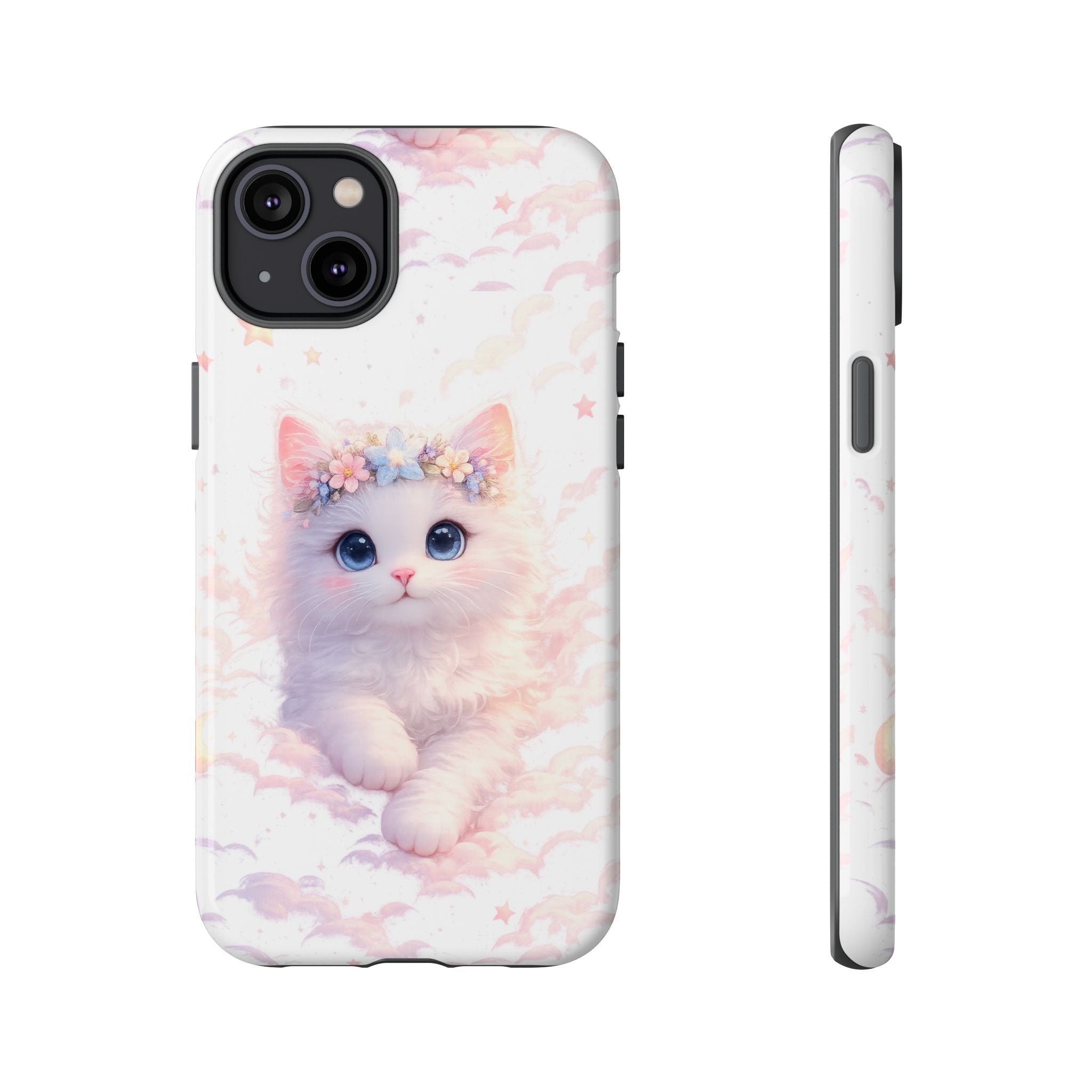 Cute Crowned Kitten Phone Case — Pastel Cloud & Star Protective Case