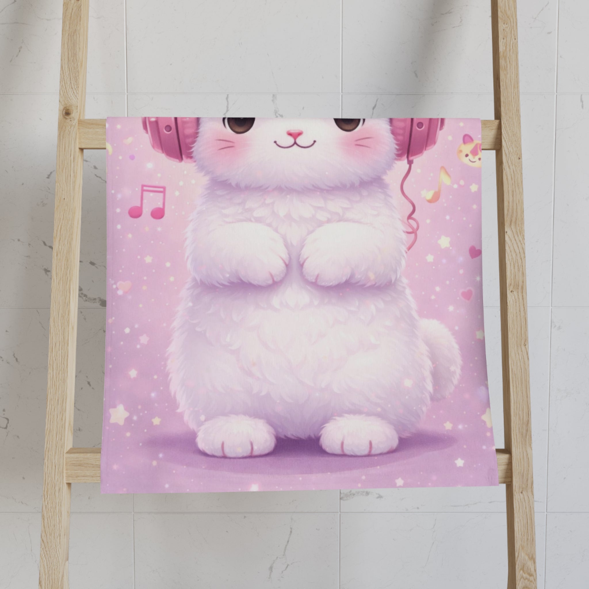 Cute Bunny with Pink Headphones Hand Towel | Musical Notes, Pastel Treats