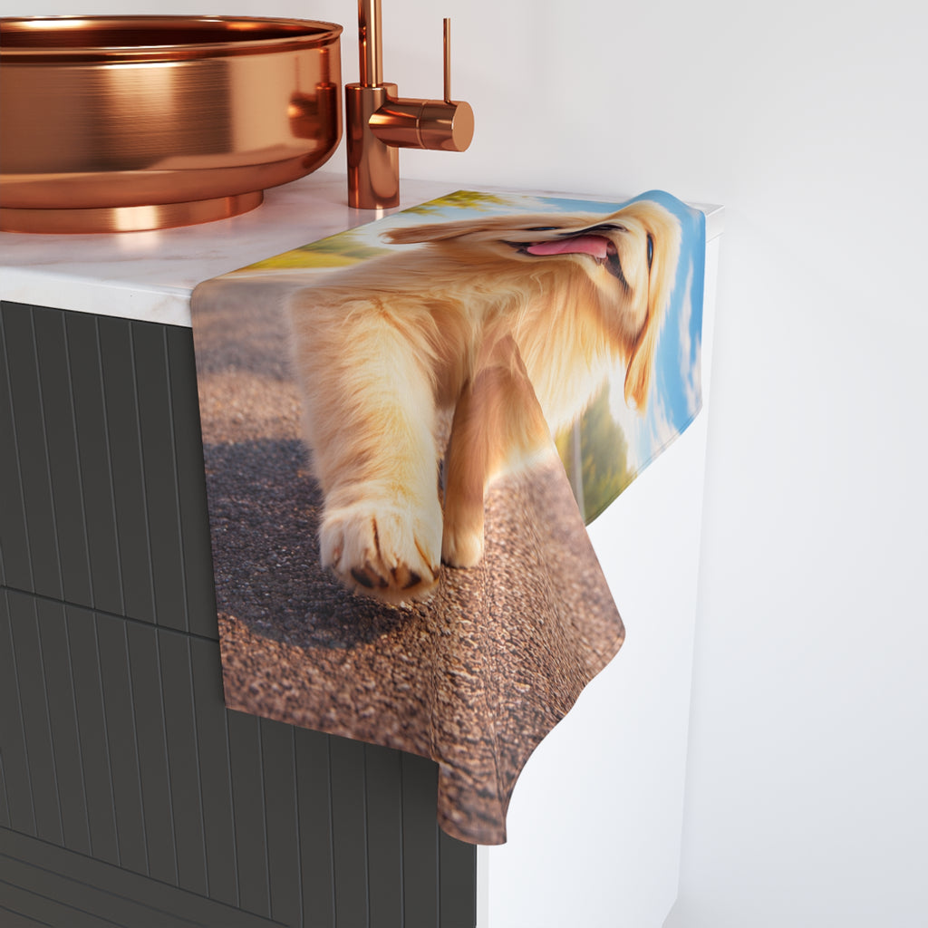 Golden Retriever Puppy Hand Towel | Sunny Country Lane, Vibrant Print