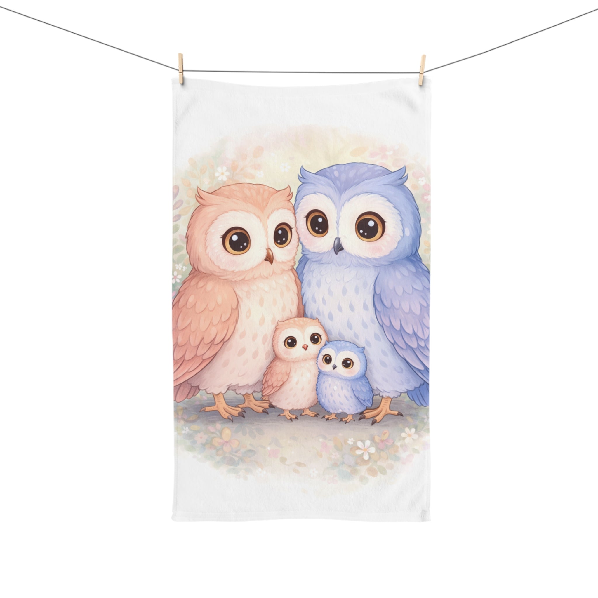 Watercolor Owl Family Hand Towel | Pastel Nursery Bathroom Towel