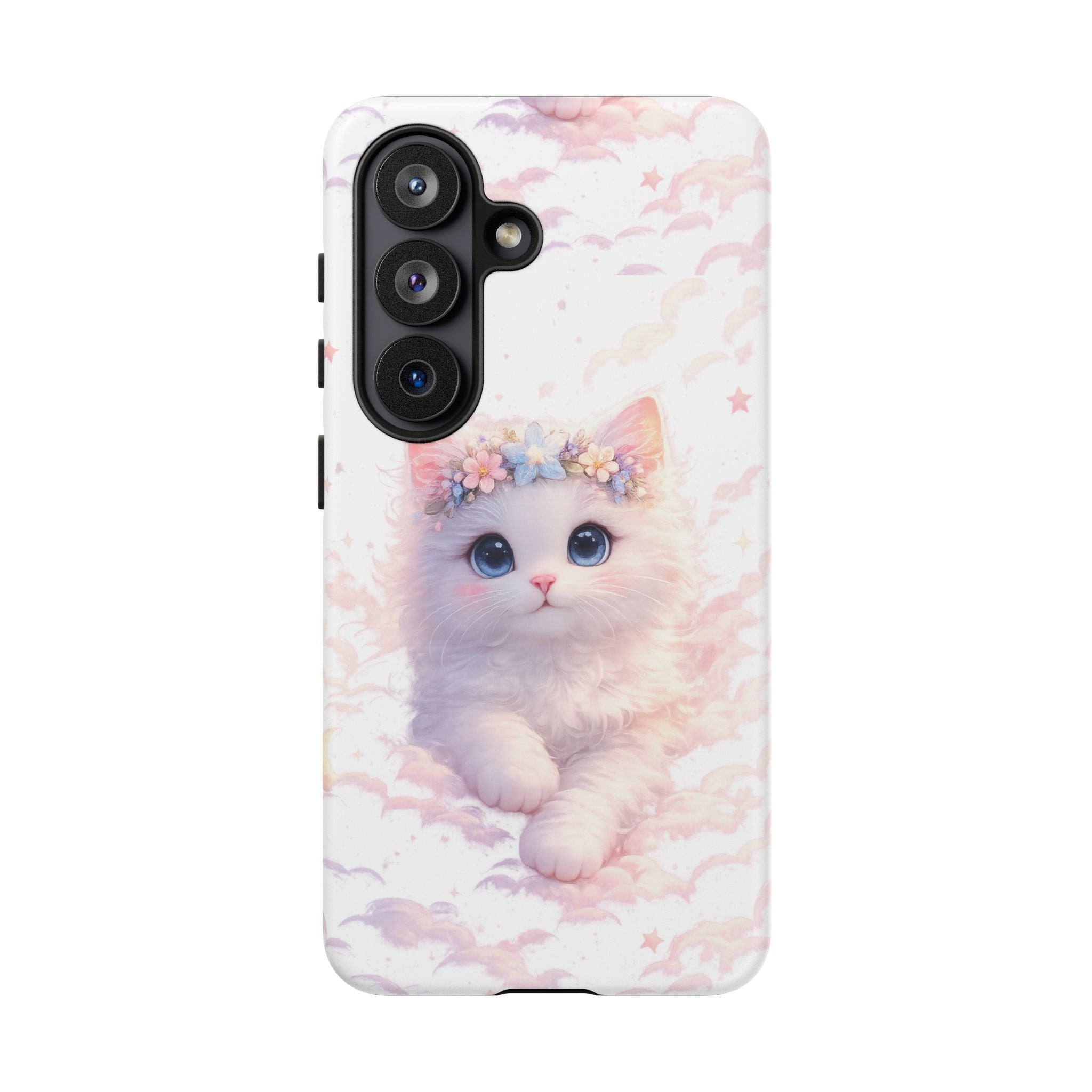 Cute Crowned Kitten Phone Case — Pastel Cloud & Star Protective Case