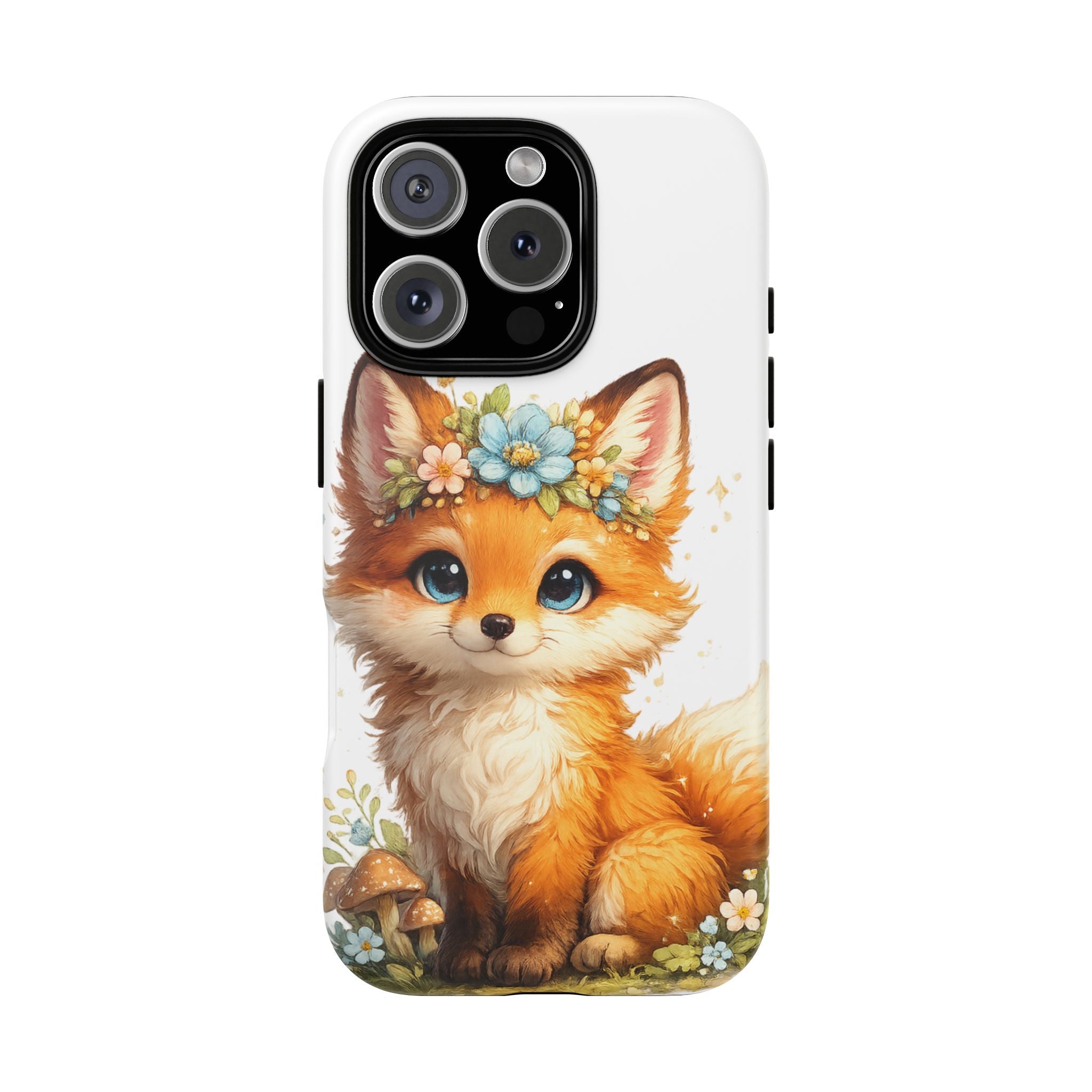 Woodland Fox Cub Phone Case — Protective Tough Case with Floral & Mushroom Art