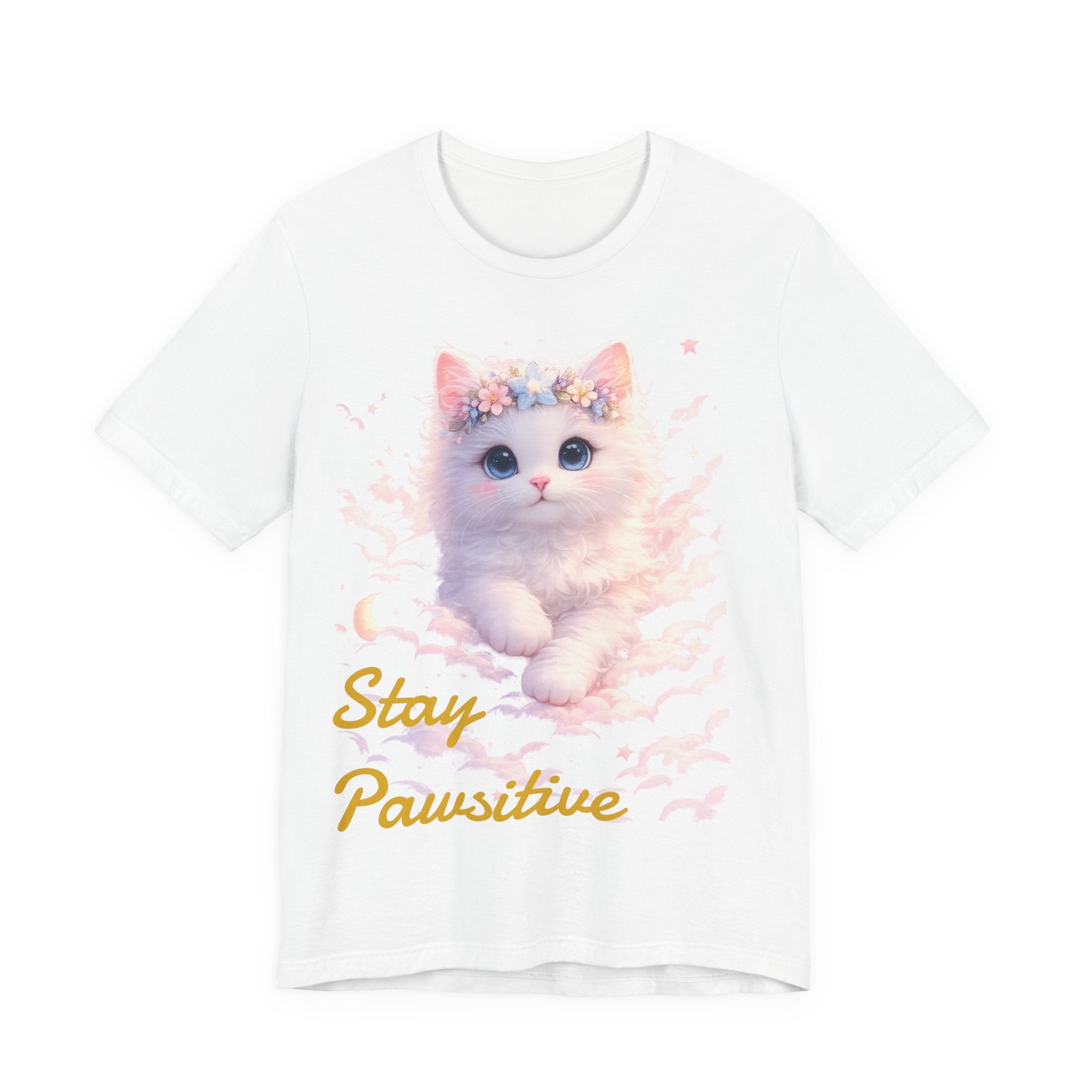Stay Pawsitive Kitten Tee | Floral Crown Cat, Pastel Cloud Illustration