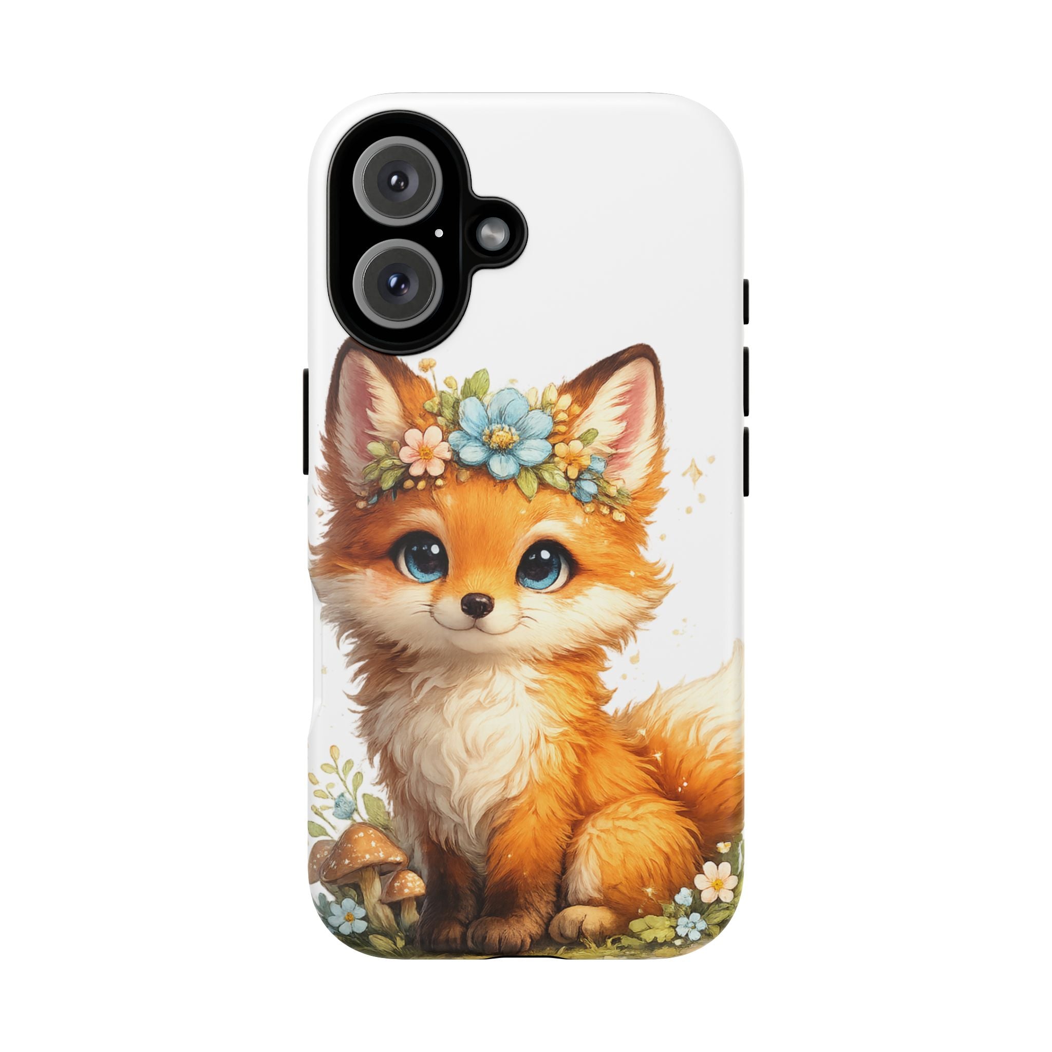 Woodland Fox Cub Phone Case — Protective Tough Case with Floral & Mushroom Art