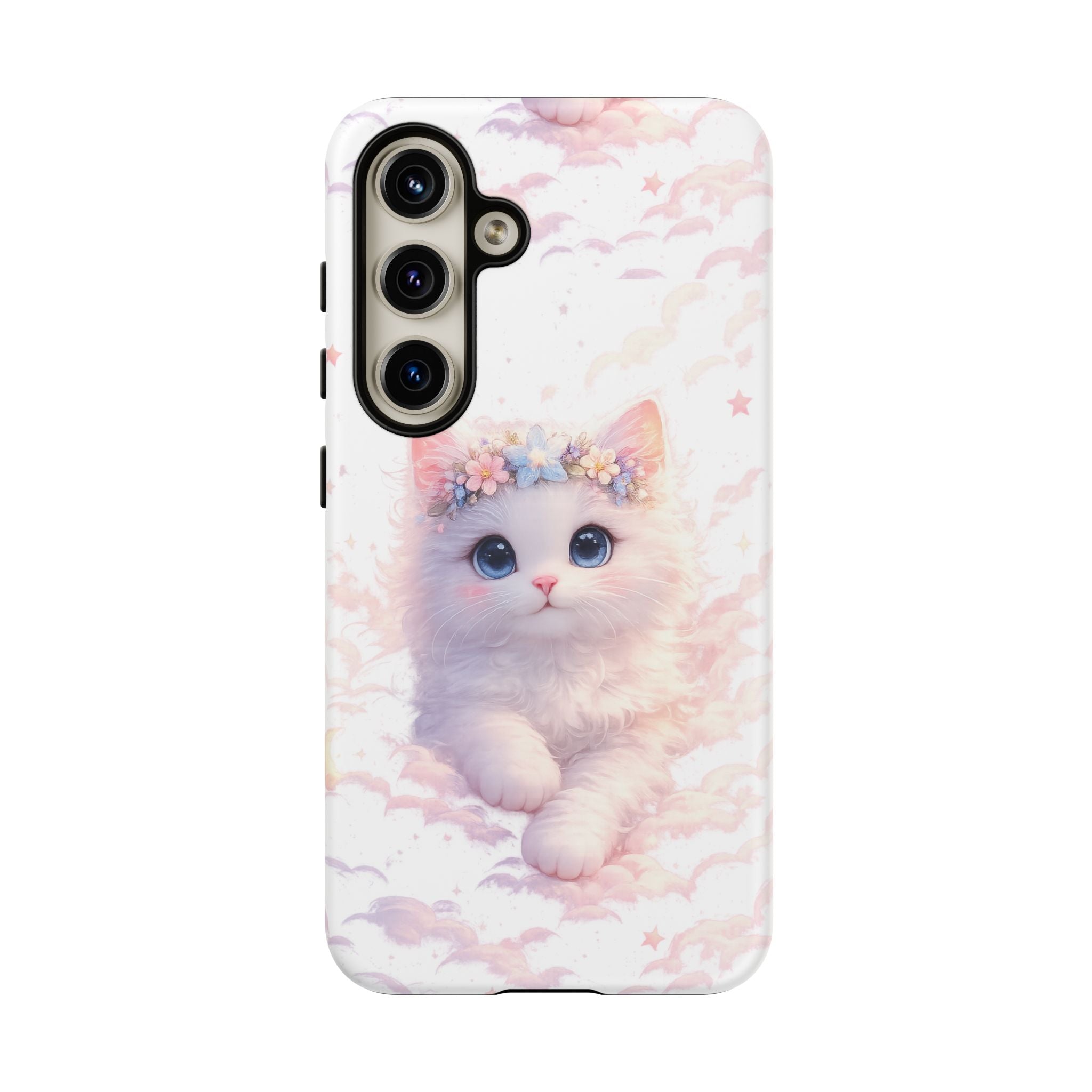 Cute Crowned Kitten Phone Case — Pastel Cloud & Star Protective Case
