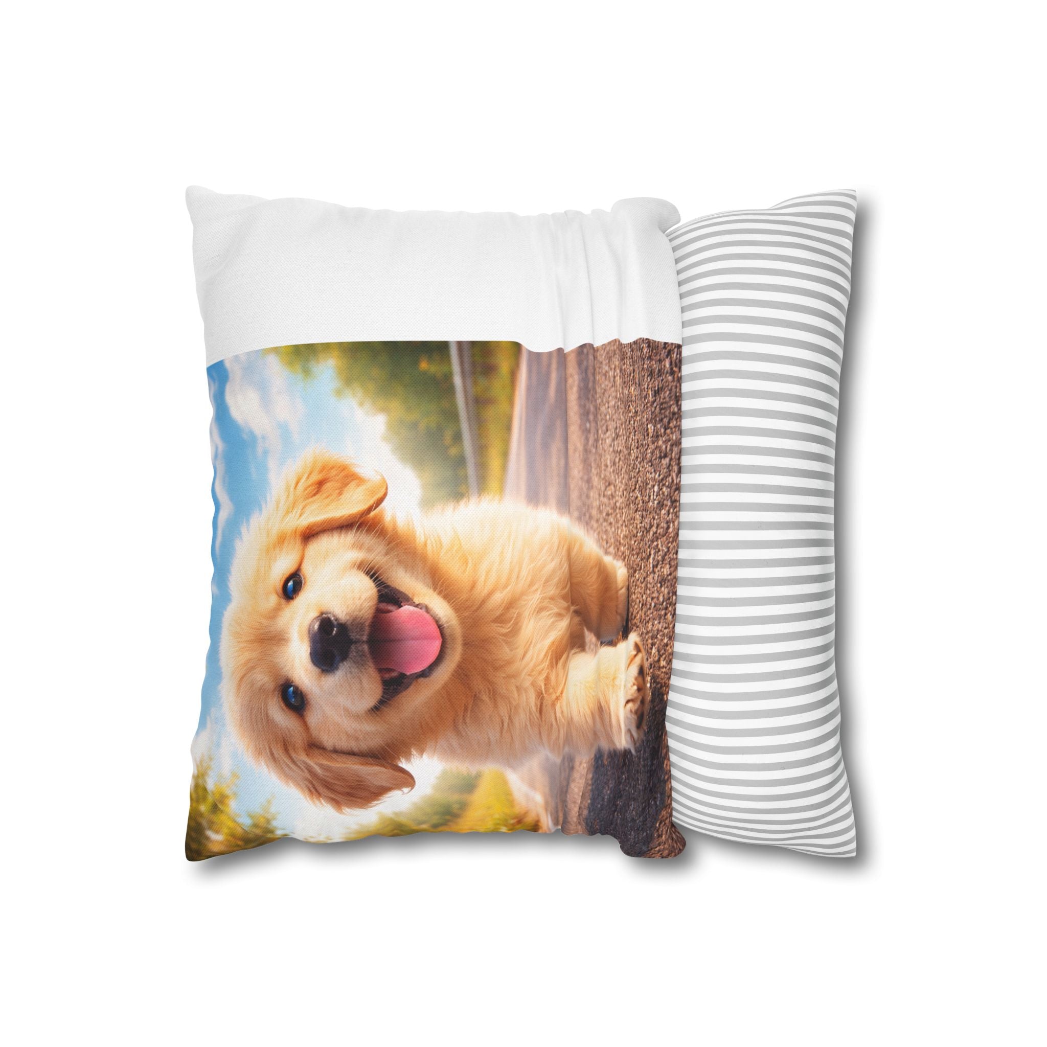 Joyful Golden Puppy Running Square Pillowcase | Spun Polyester