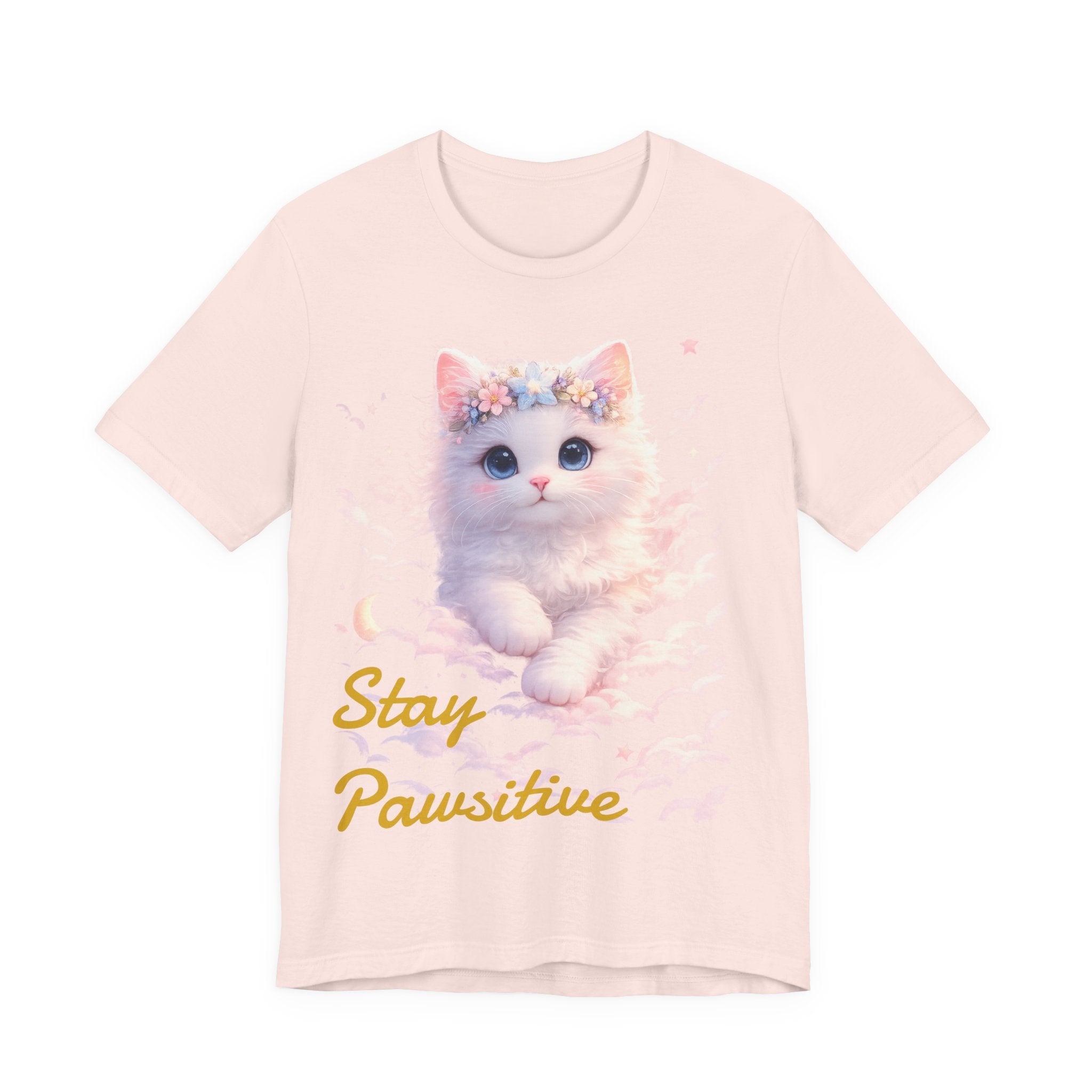 Stay Pawsitive Kitten Tee | Floral Crown Cat, Pastel Cloud Illustration