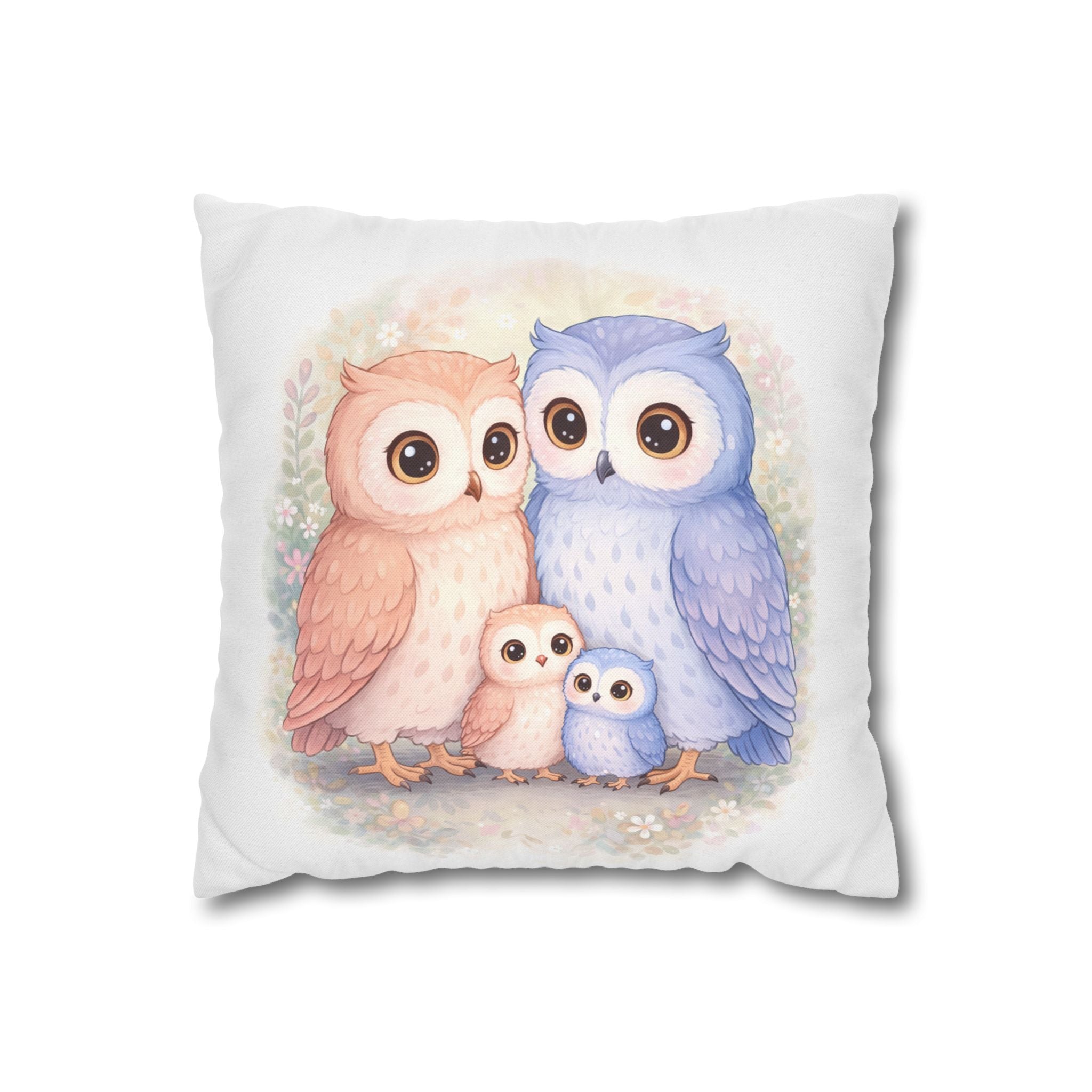 Watercolor Owlet Family Pillowcase Spun Polyester Square Pillowcase | Double-Sided