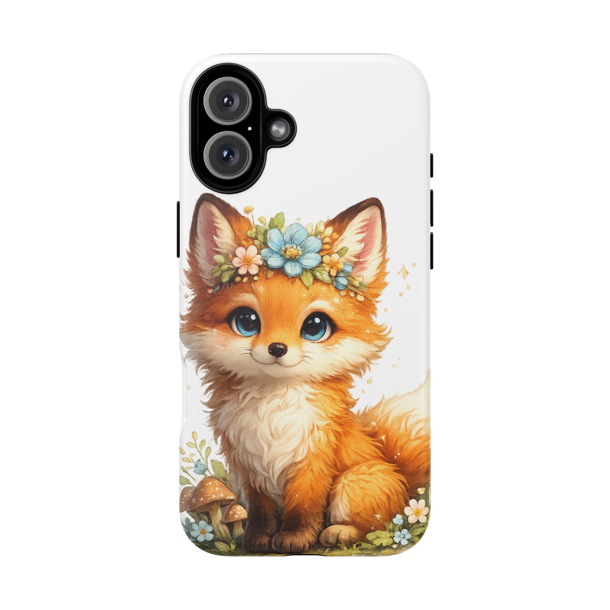 Woodland Fox Cub Phone Case — Protective Tough Case with Floral & Mushroom Art