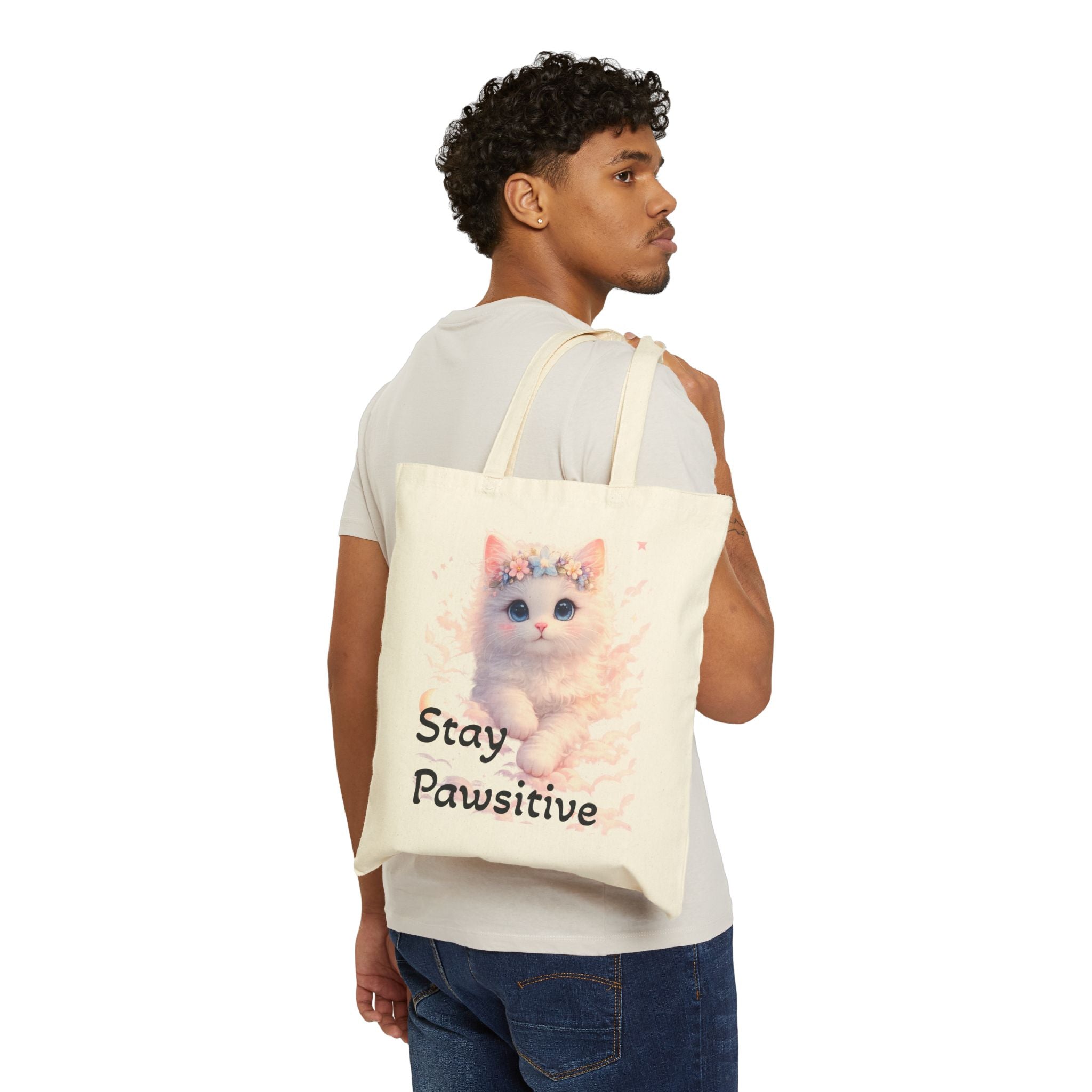 Stay Pawsitive Kitten Tote Bag | Cotton Canvas Market Bag