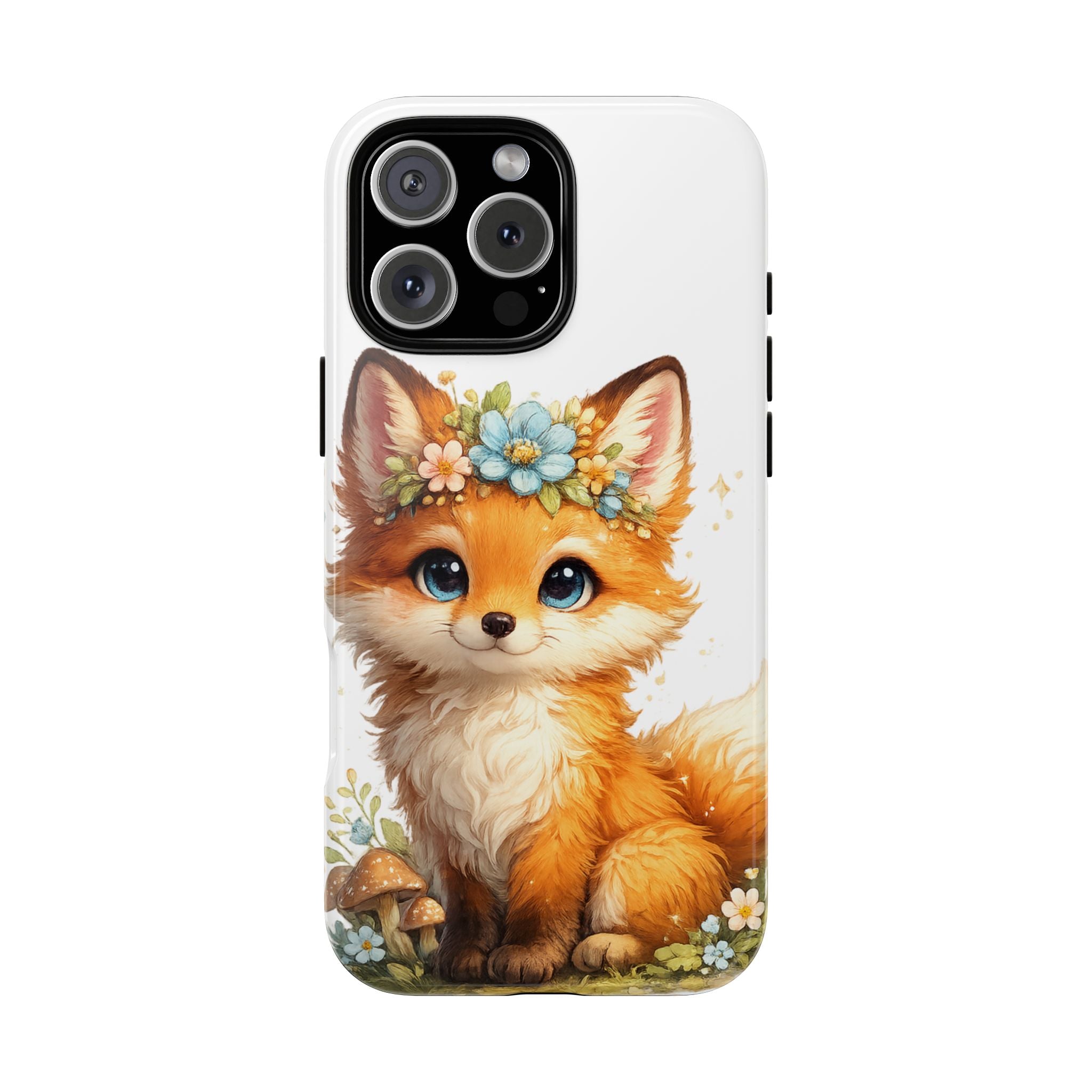 Woodland Fox Cub Phone Case — Protective Tough Case with Floral & Mushroom Art