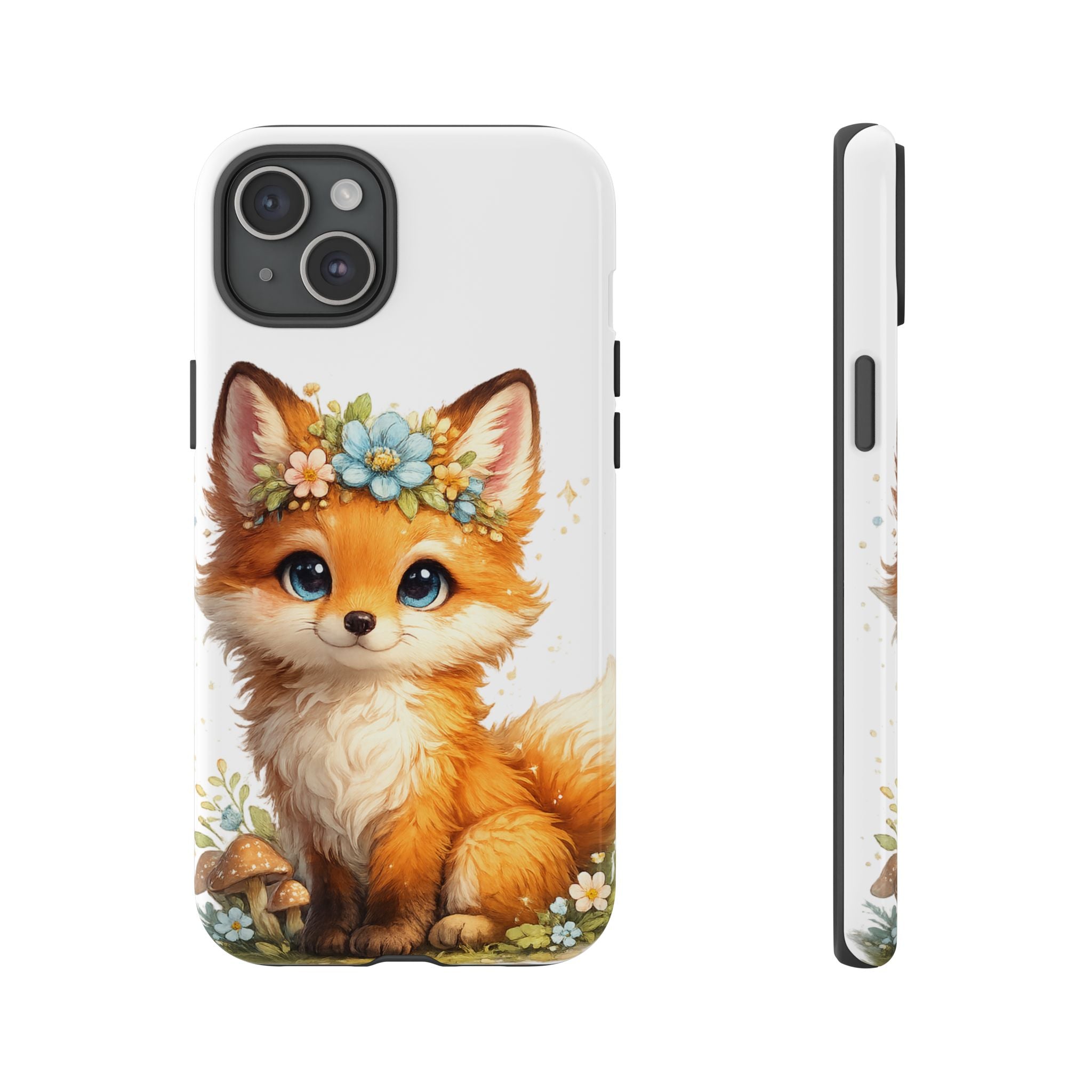 Woodland Fox Cub Phone Case — Protective Tough Case with Floral & Mushroom Art