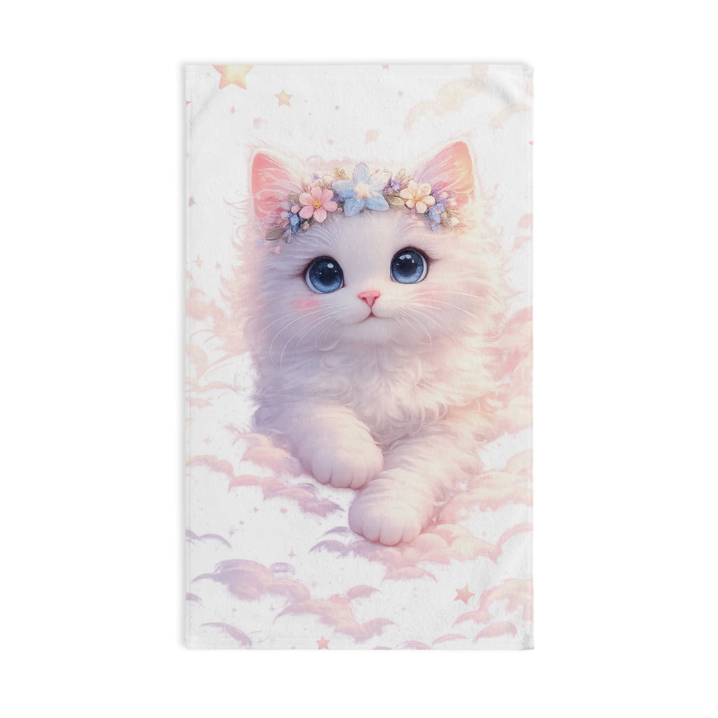 Angelic Kitten in Pastel Clouds Hand Towel | Floral Crown Nursery Towel