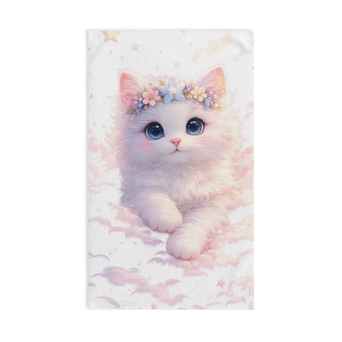 Angelic Kitten in Pastel Clouds Hand Towel | Floral Crown Nursery Towel