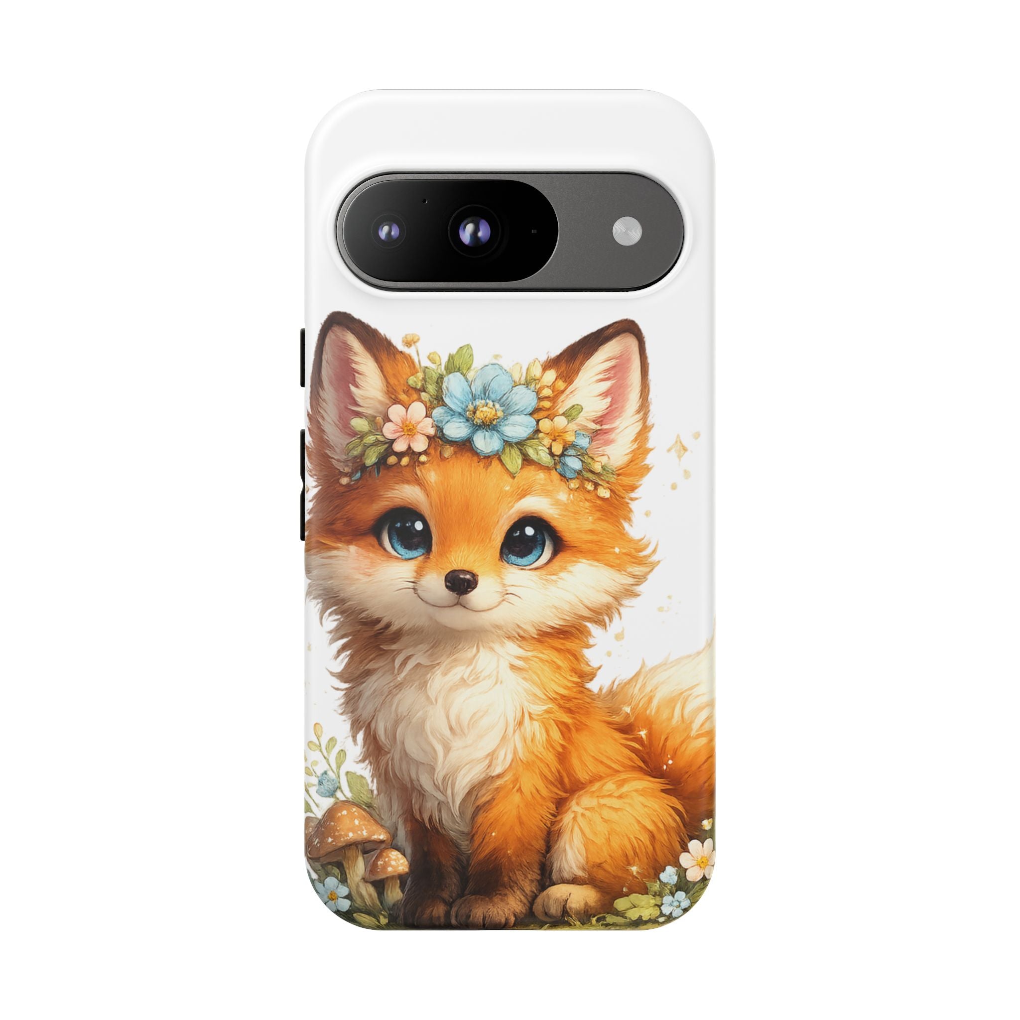 Woodland Fox Cub Phone Case — Protective Tough Case with Floral & Mushroom Art