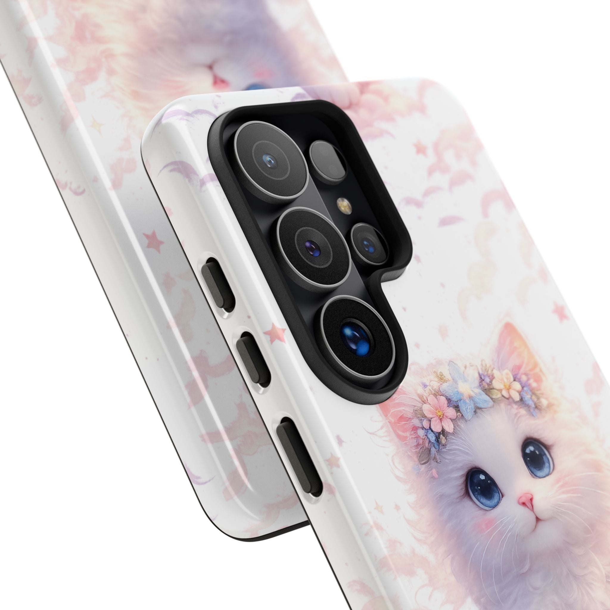 Cute Crowned Kitten Phone Case — Pastel Cloud & Star Protective Case