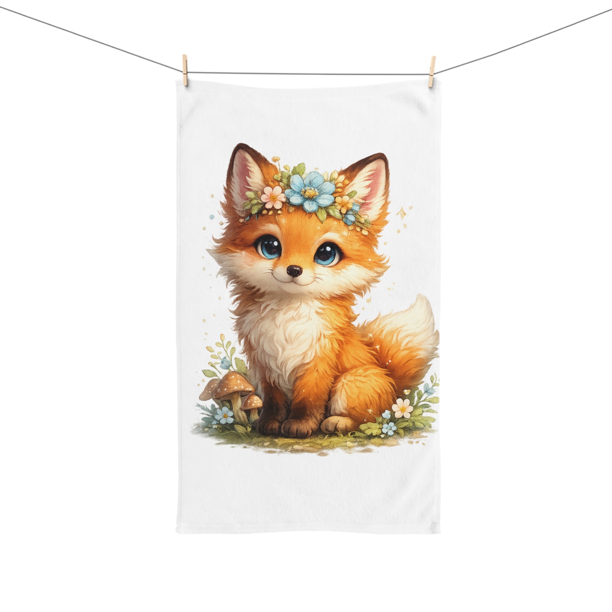 Woodland Fox Floral Hand Towel — Cute Fox with Mushroom & Flower Crown