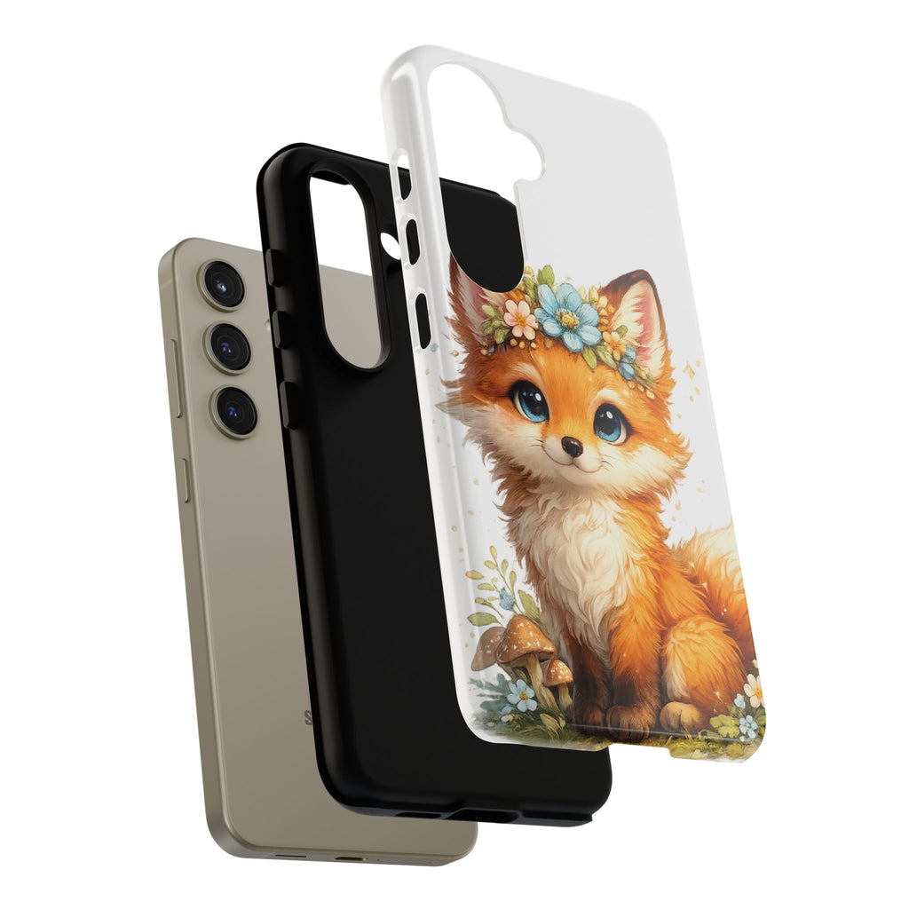 Woodland Fox Cub Phone Case — Protective Tough Case with Floral & Mushroom Art