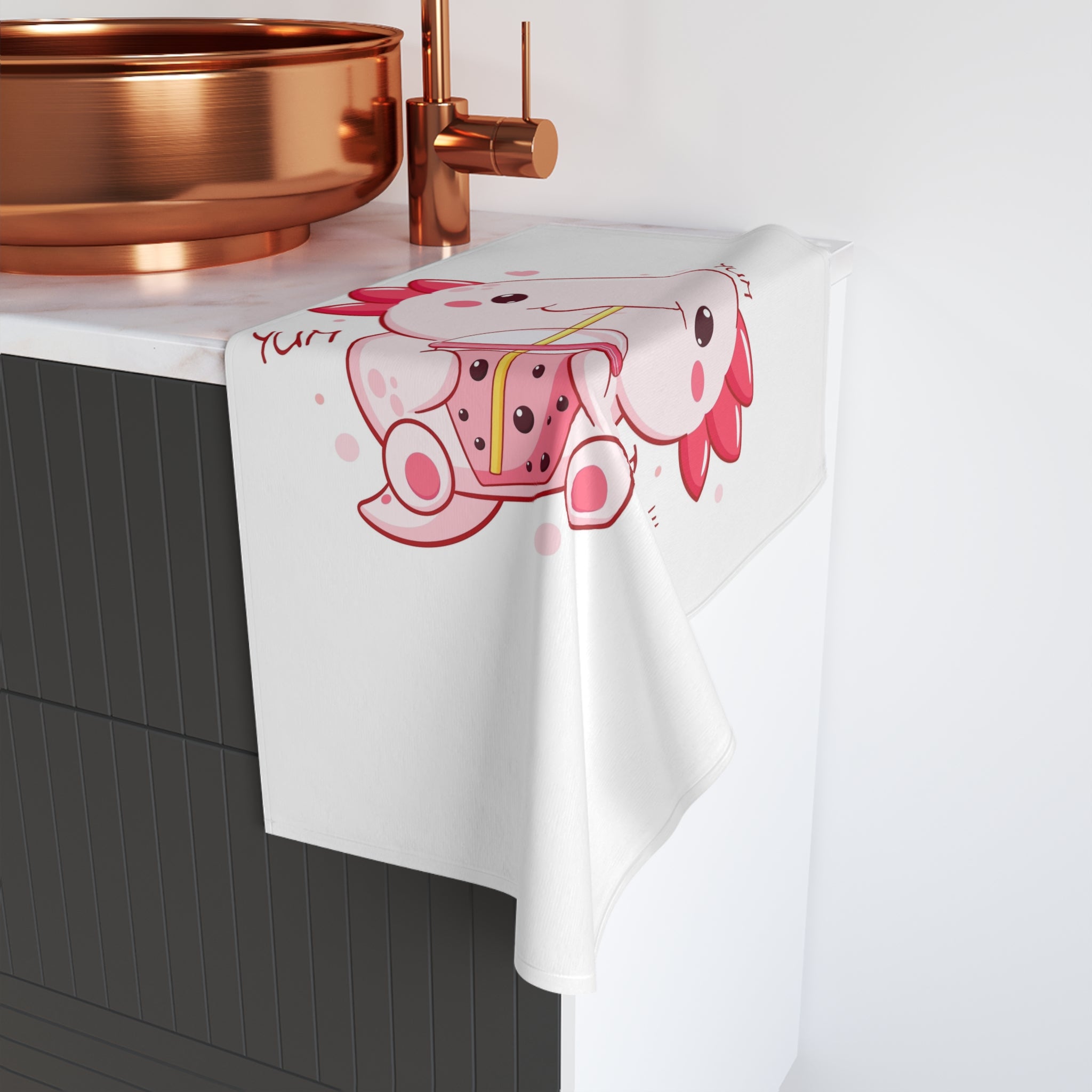 Cute Axolotl Drinking Bubble Tea Hand Towel | Kawaii Boba Design