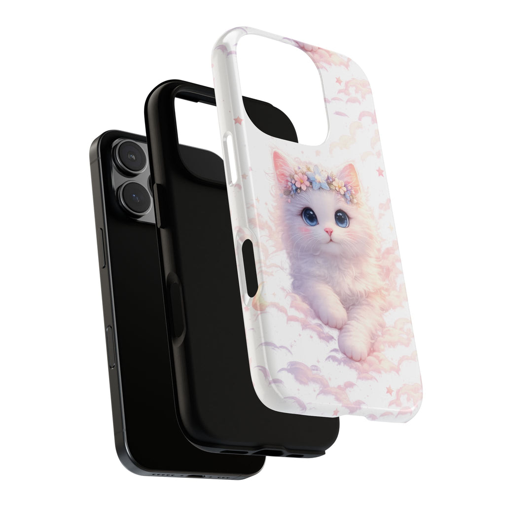 Cute Crowned Kitten Phone Case — Pastel Cloud & Star Protective Case