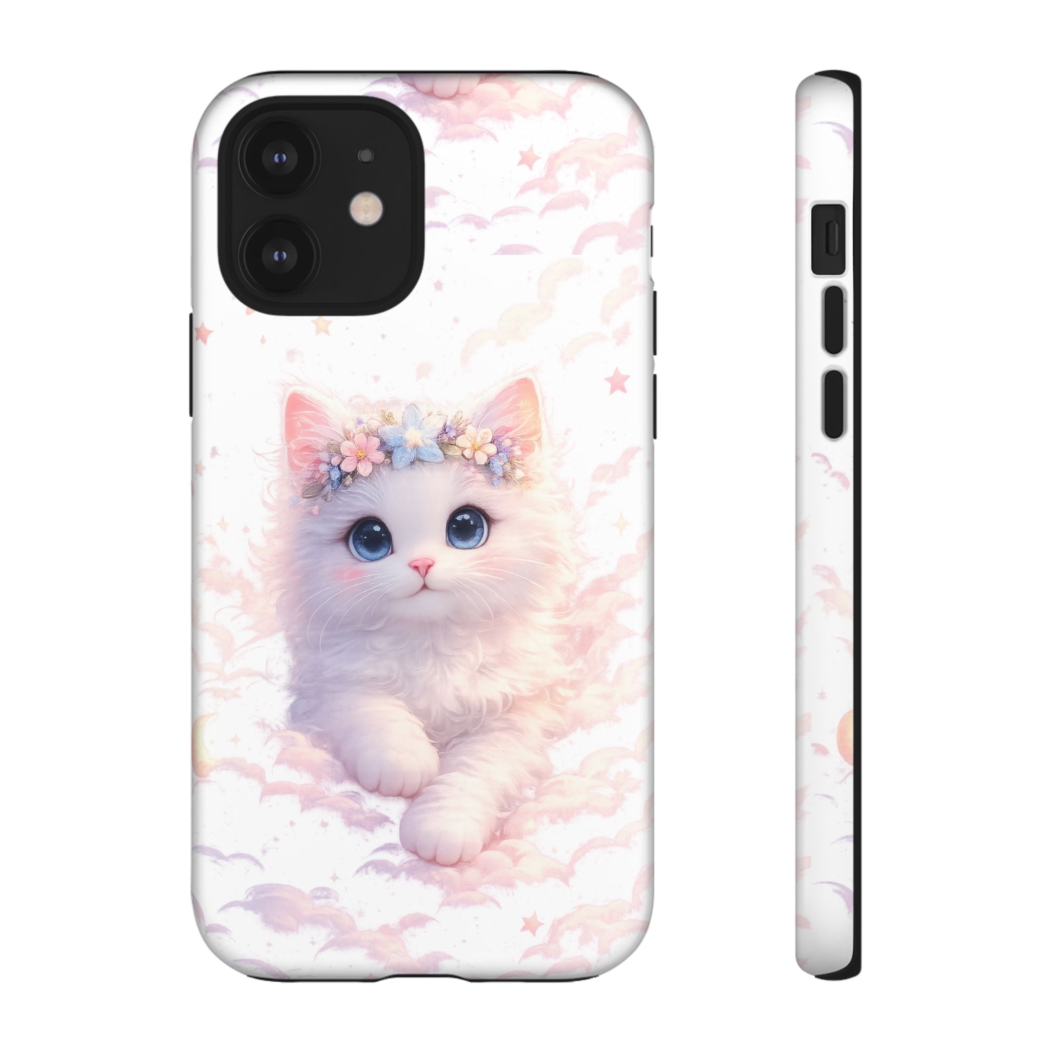 Cute Crowned Kitten Phone Case — Pastel Cloud & Star Protective Case