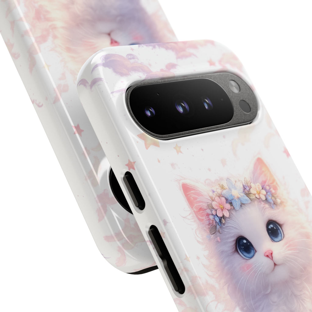 Cute Crowned Kitten Phone Case — Pastel Cloud & Star Protective Case