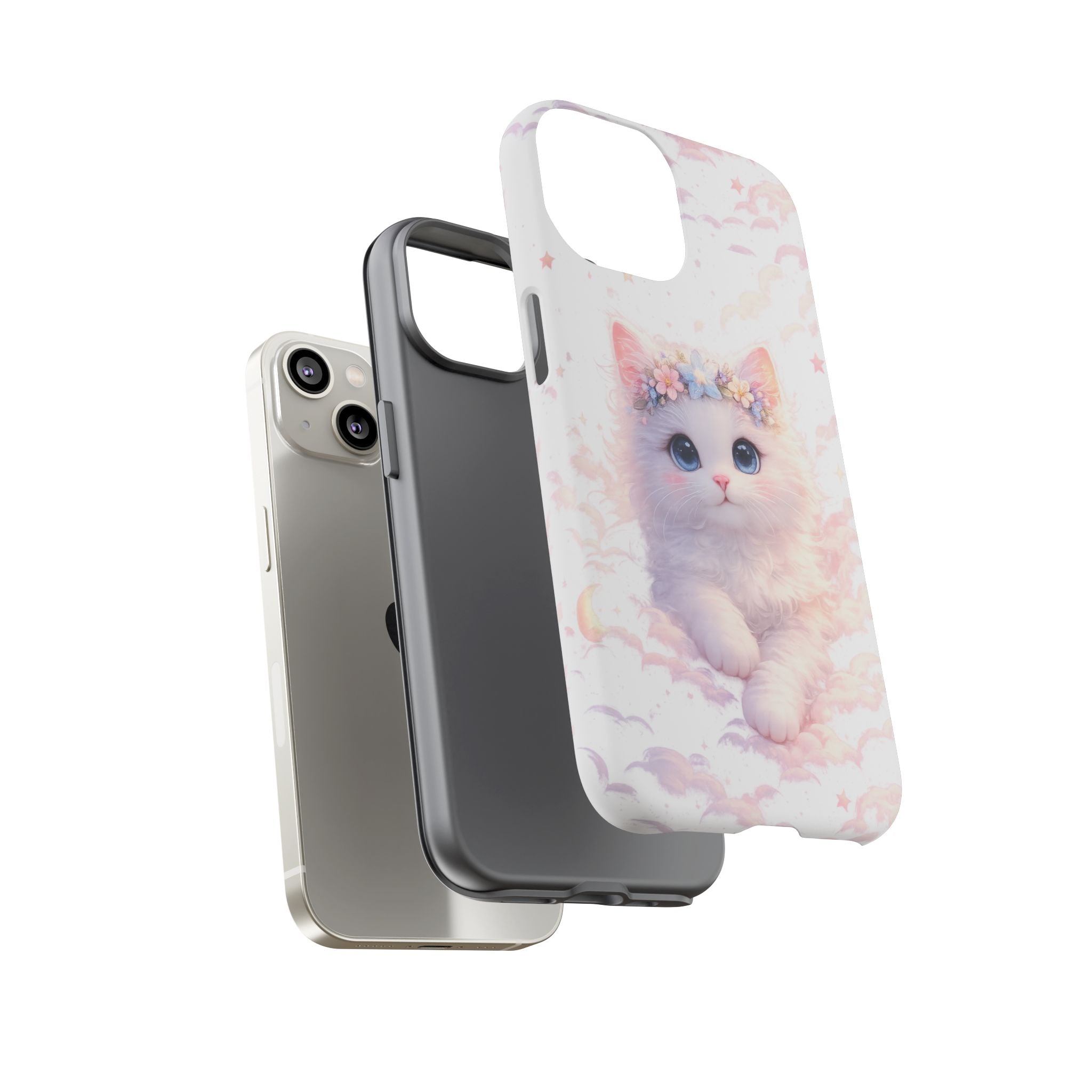 Cute Crowned Kitten Phone Case — Pastel Cloud & Star Protective Case