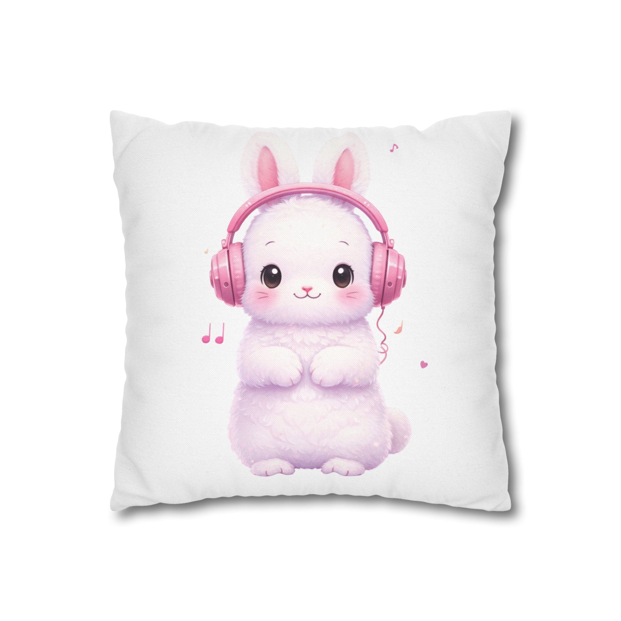 Pastel Bunny with Headphones Pillowcase | Square Pillow Cover, Double-Sided