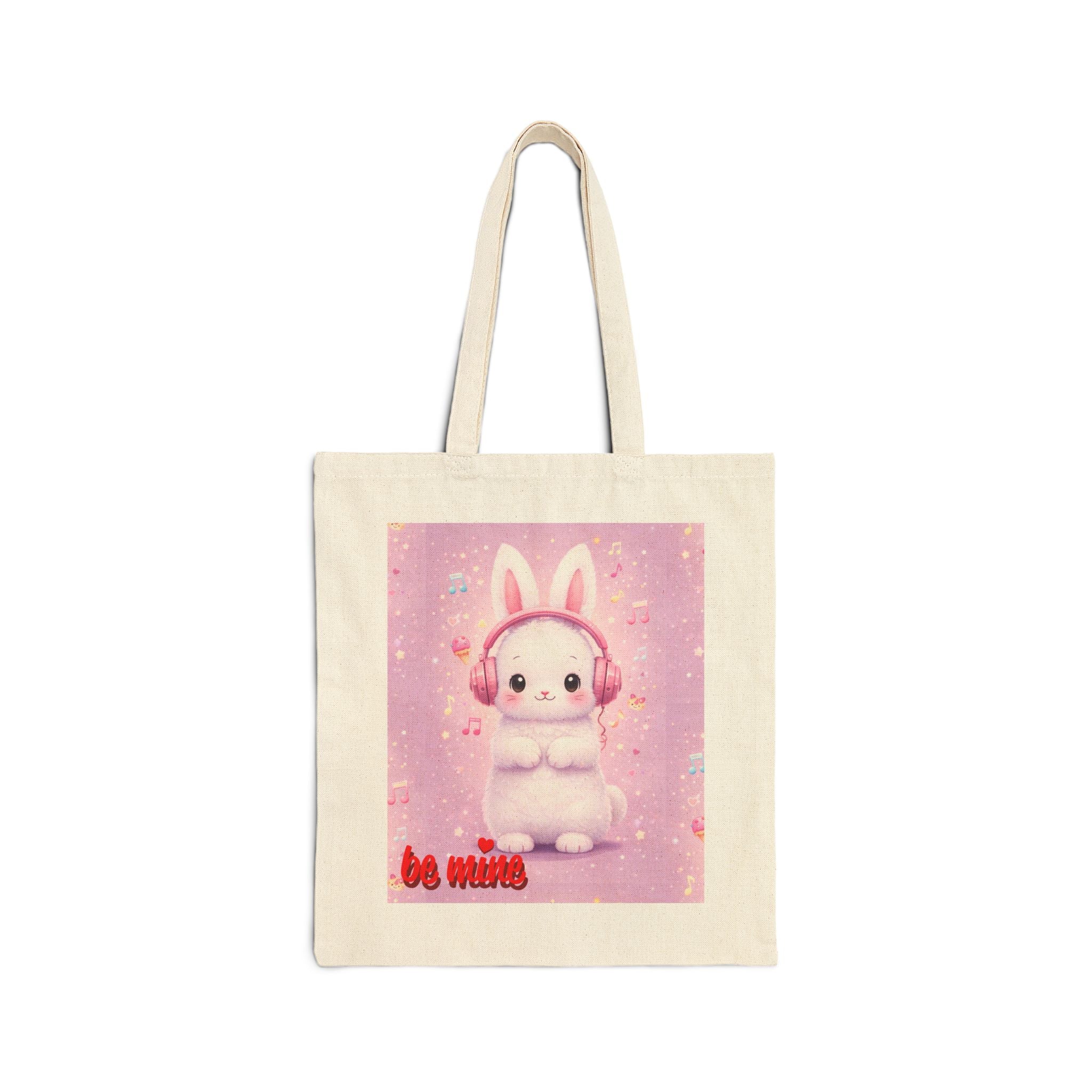 Pastel Bunny with Headphones Cotton Canvas Tote Bag | Cute Music Bunny Tote