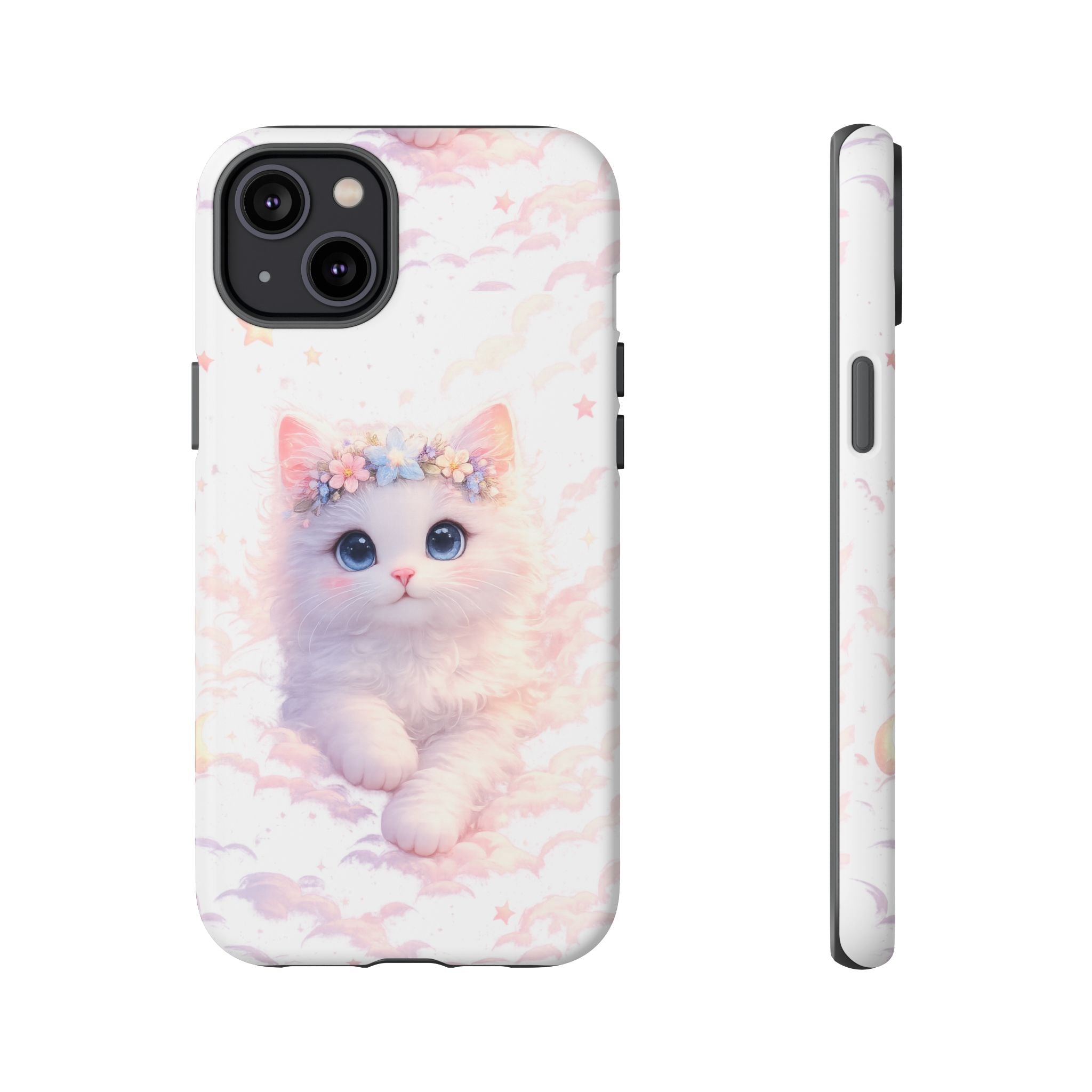 Cute Crowned Kitten Phone Case — Pastel Cloud & Star Protective Case