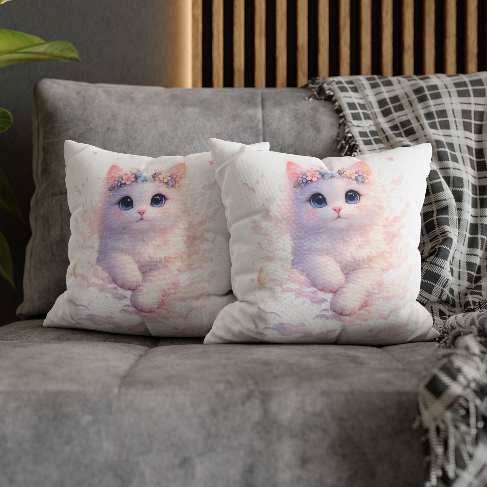 Fluffy Kitten with Flower Crown Square Pillowcase | Pastel Nursery Decor