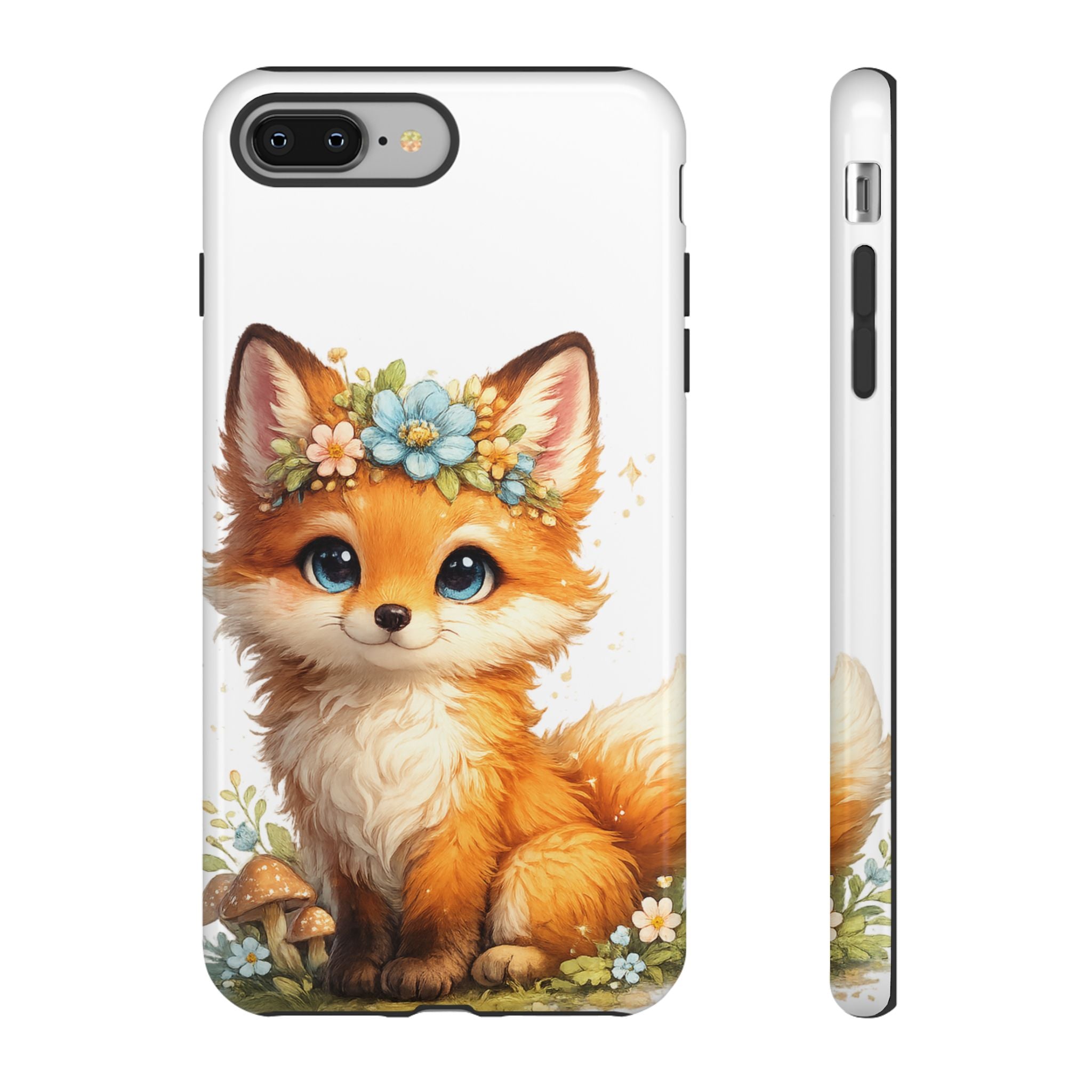 Woodland Fox Cub Phone Case — Protective Tough Case with Floral & Mushroom Art
