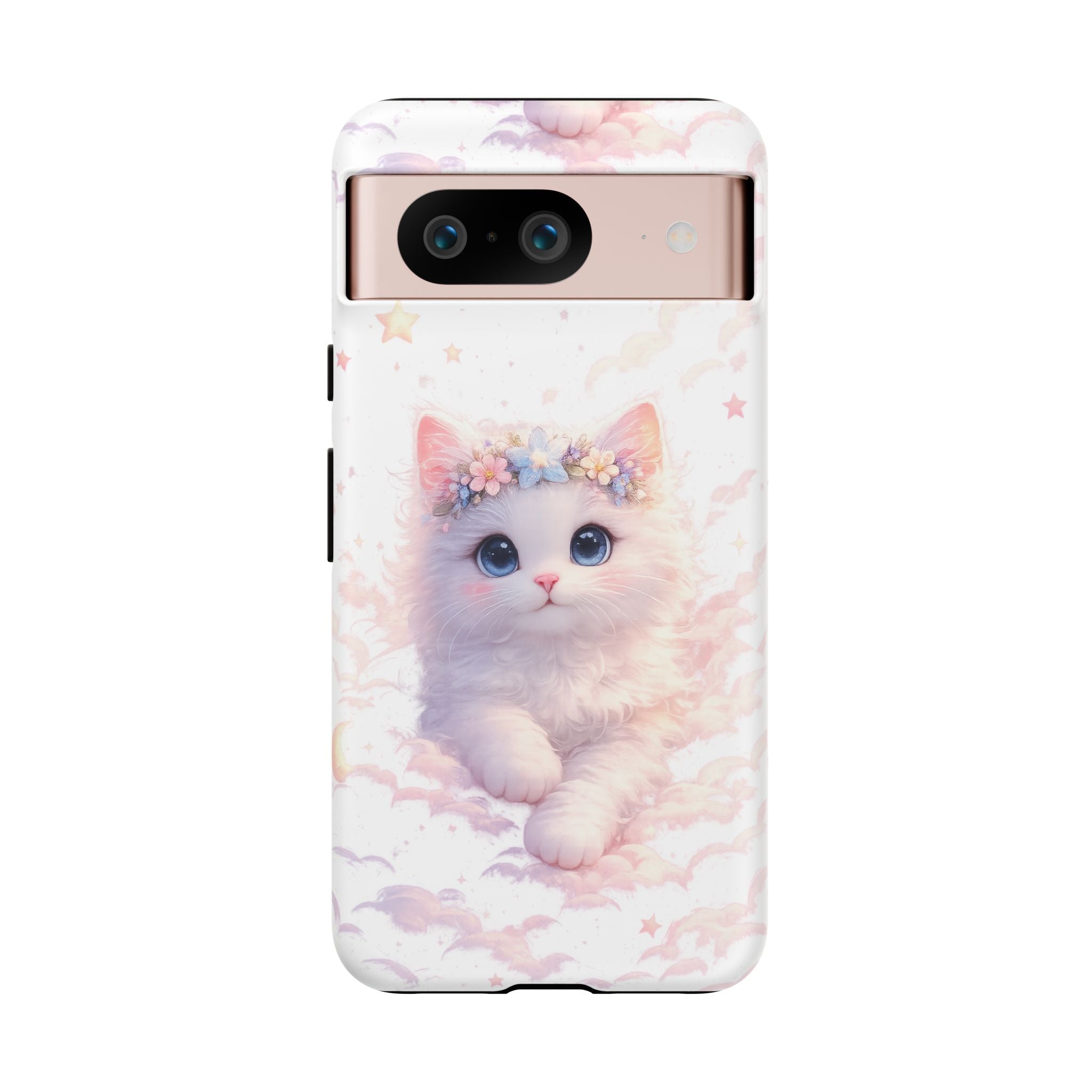 Cute Crowned Kitten Phone Case — Pastel Cloud & Star Protective Case