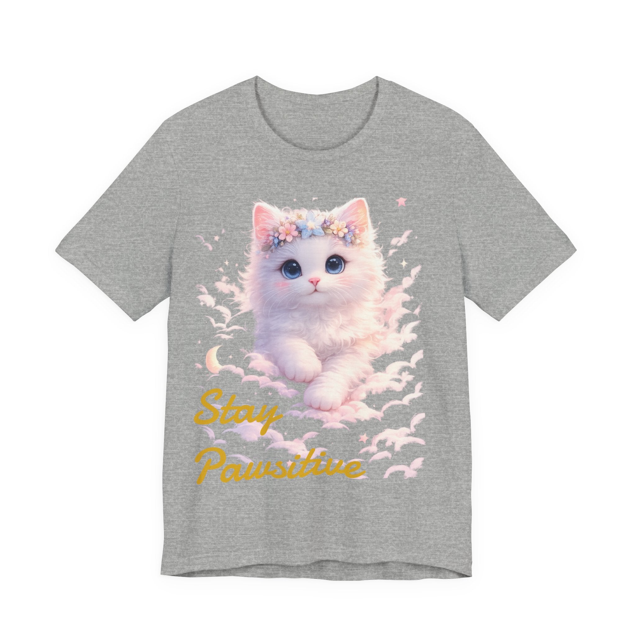 Stay Pawsitive Kitten Tee | Floral Crown Cat, Pastel Cloud Illustration