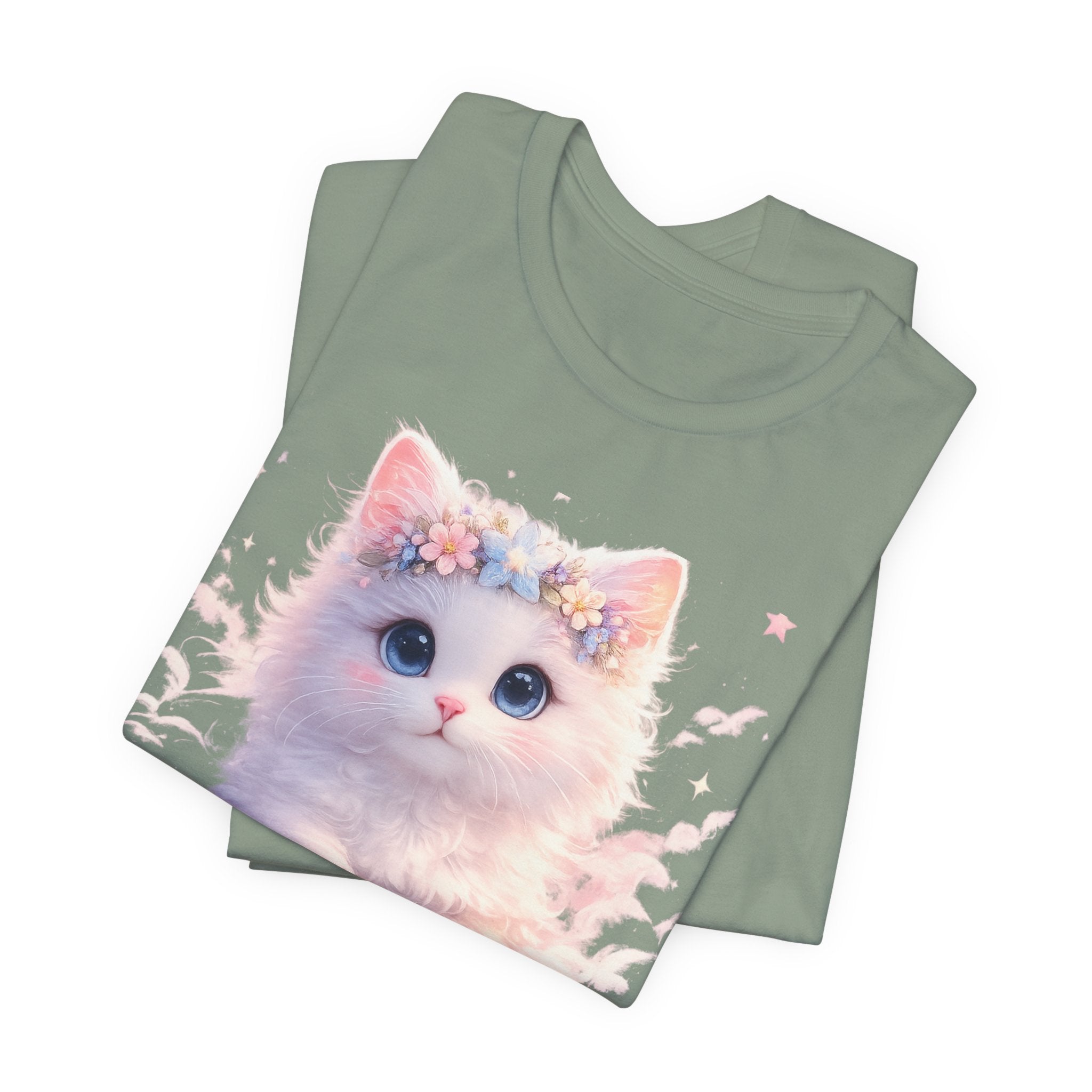Stay Pawsitive Kitten Tee | Floral Crown Cat, Pastel Cloud Illustration