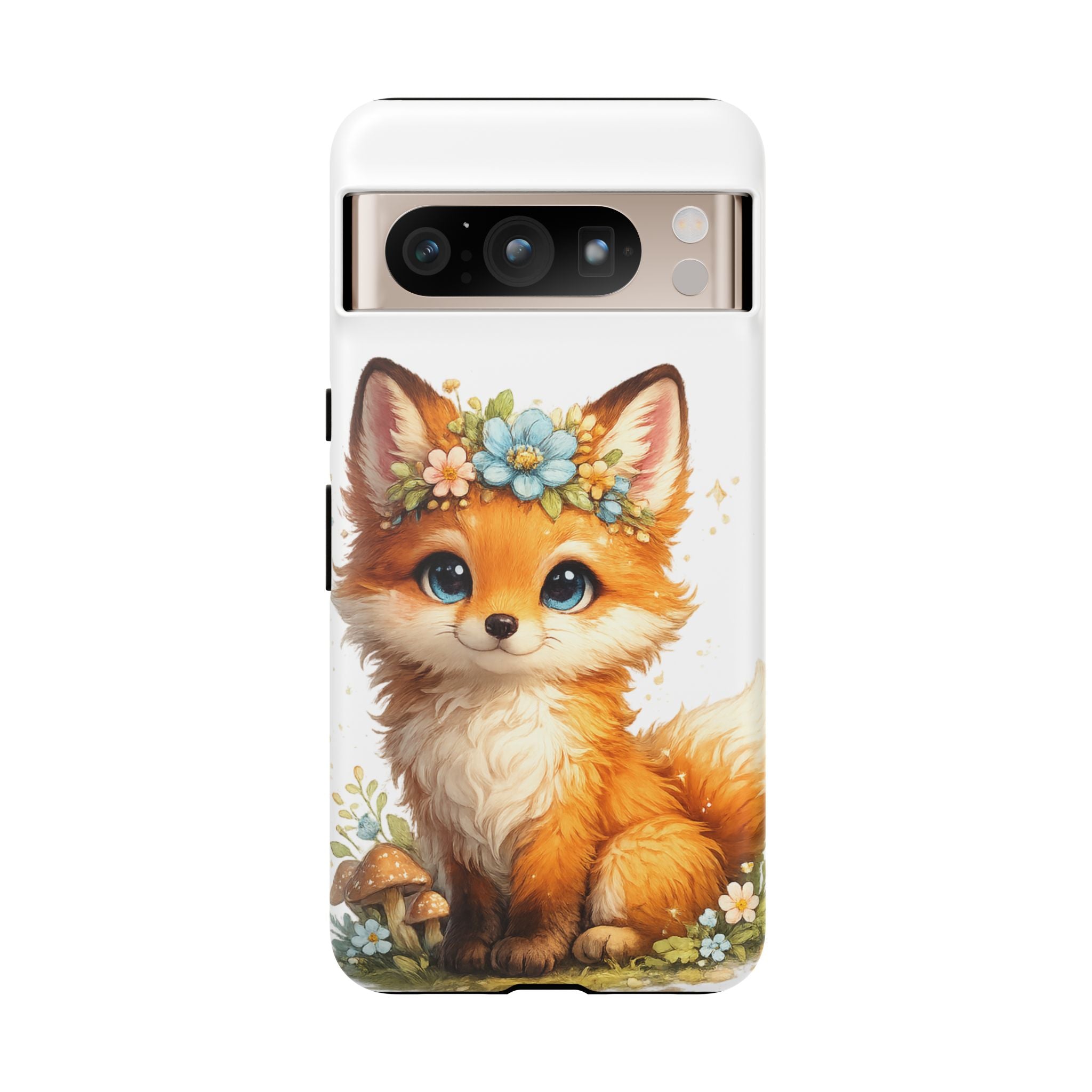 Woodland Fox Cub Phone Case — Protective Tough Case with Floral & Mushroom Art