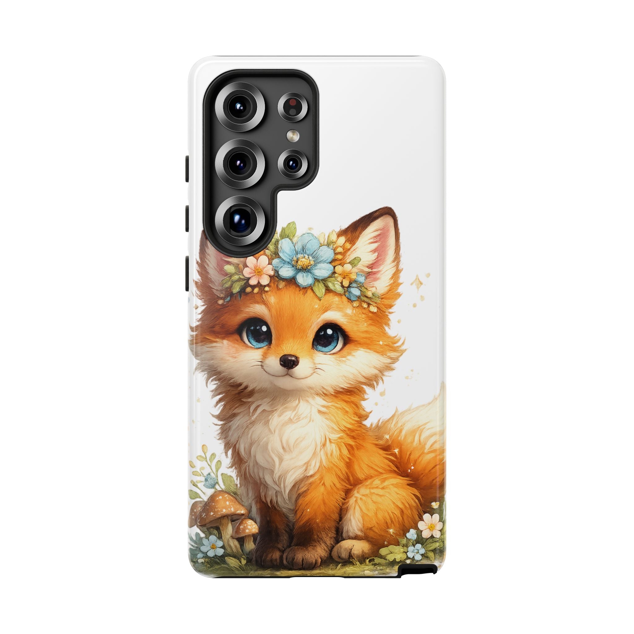 Woodland Fox Cub Phone Case — Protective Tough Case with Floral & Mushroom Art
