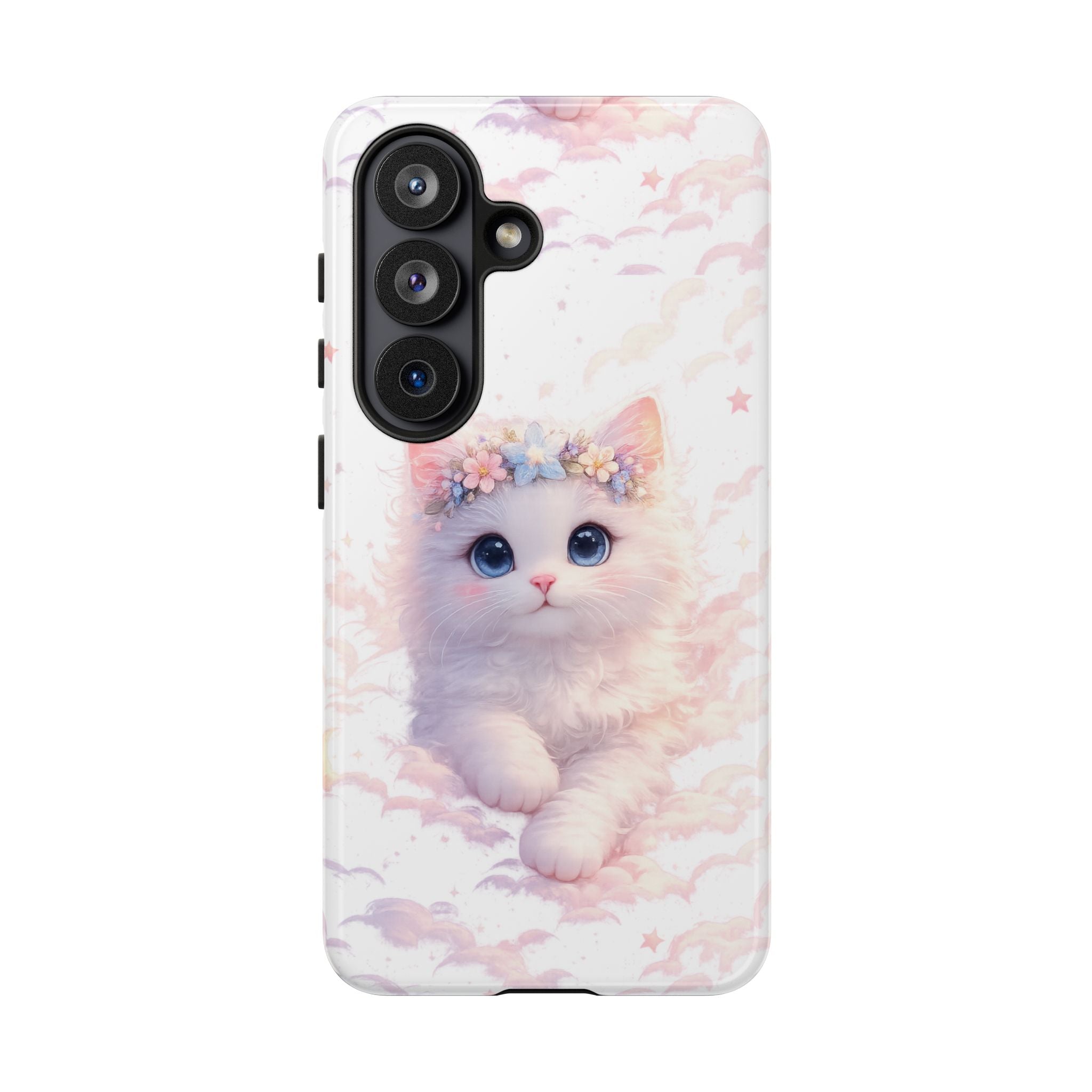 Cute Crowned Kitten Phone Case — Pastel Cloud & Star Protective Case