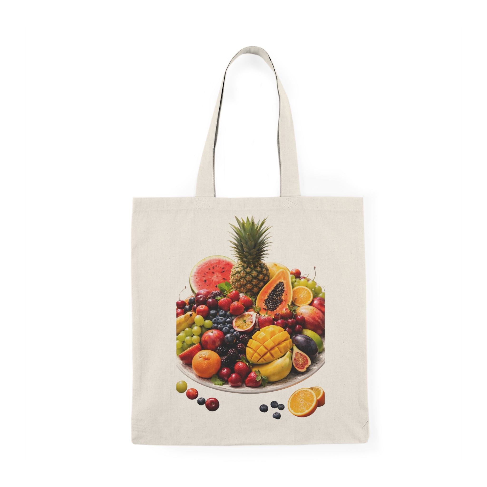 Fresh Fruit Bowl Natural Tote Bag | Tropical Pineapple Mango Watermelon Print