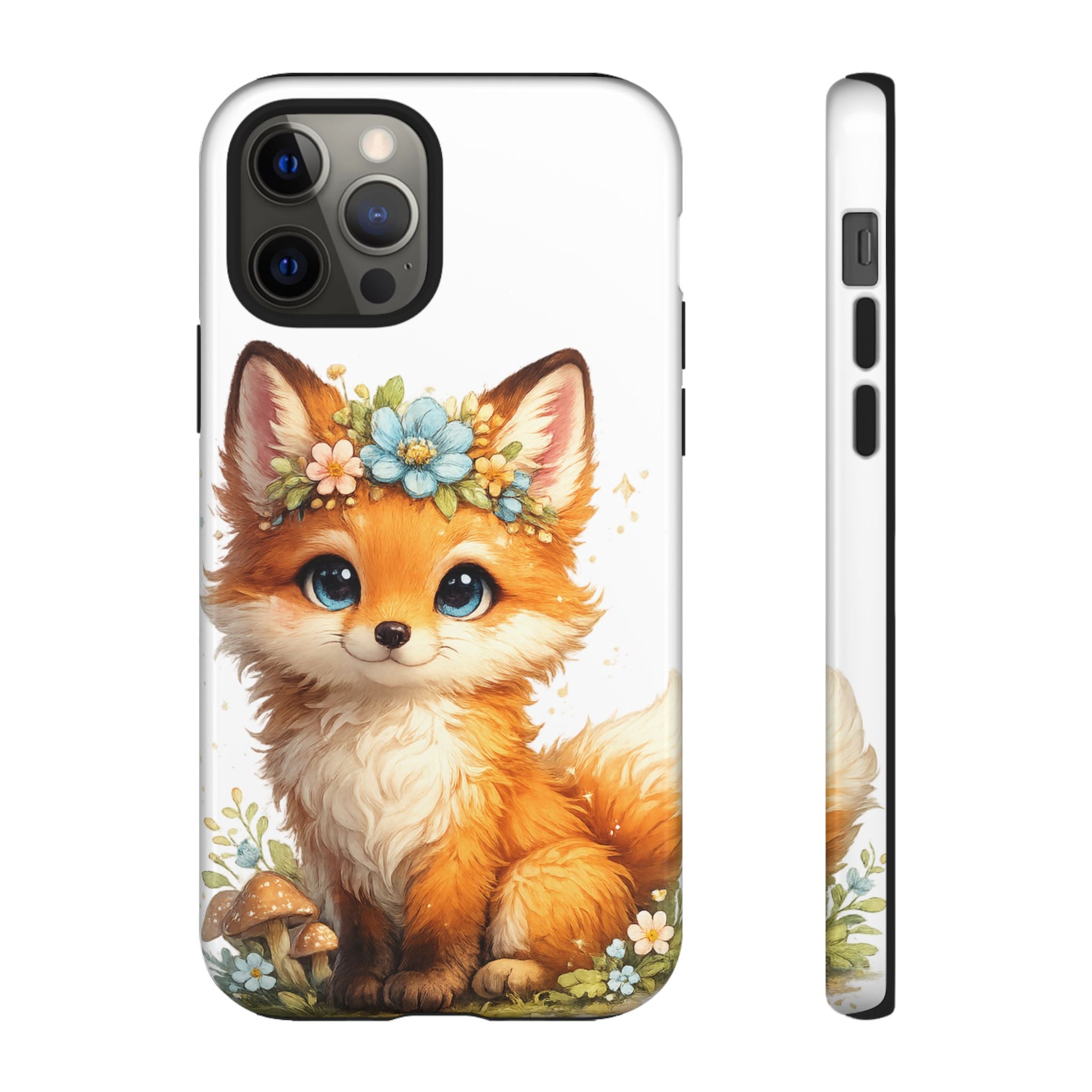 Woodland Fox Cub Phone Case — Protective Tough Case with Floral & Mushroom Art