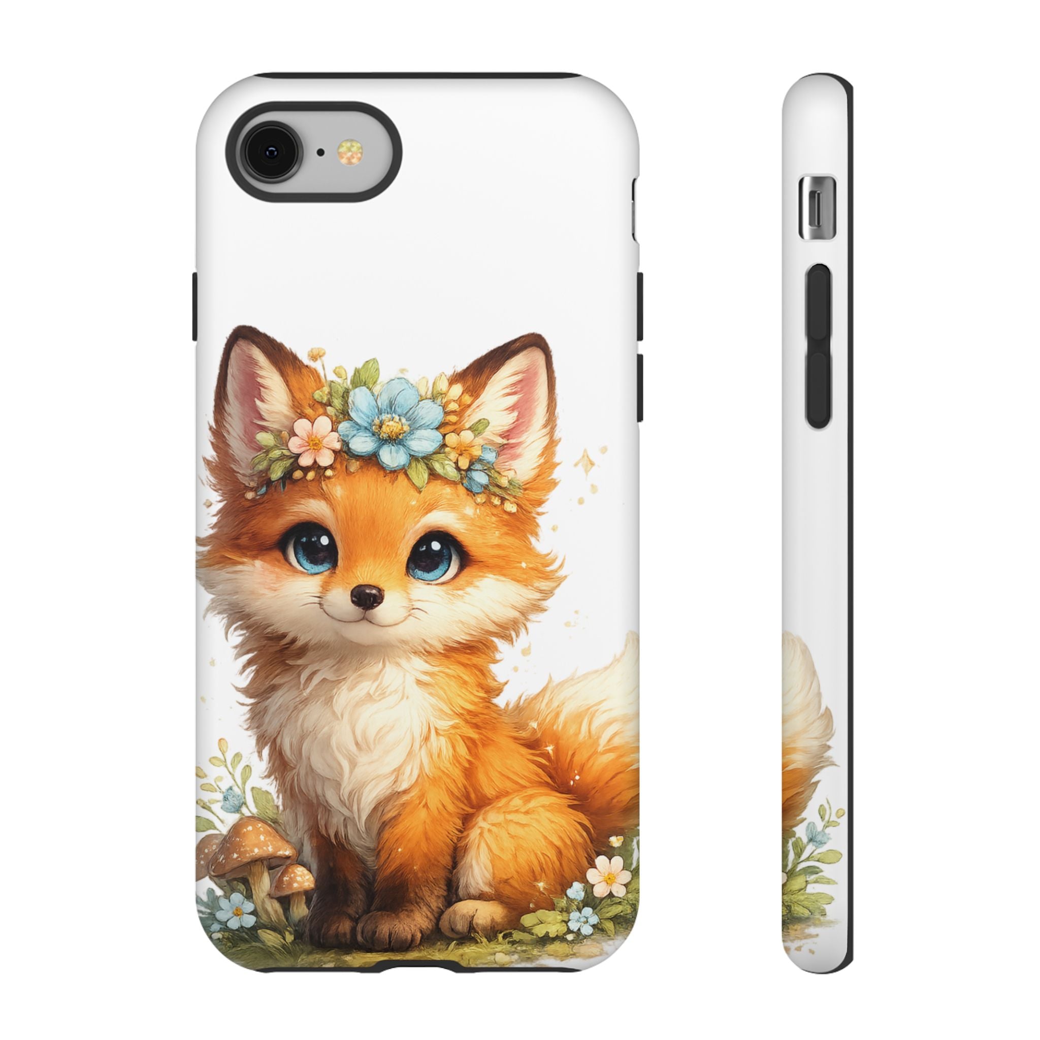 Woodland Fox Cub Phone Case — Protective Tough Case with Floral & Mushroom Art