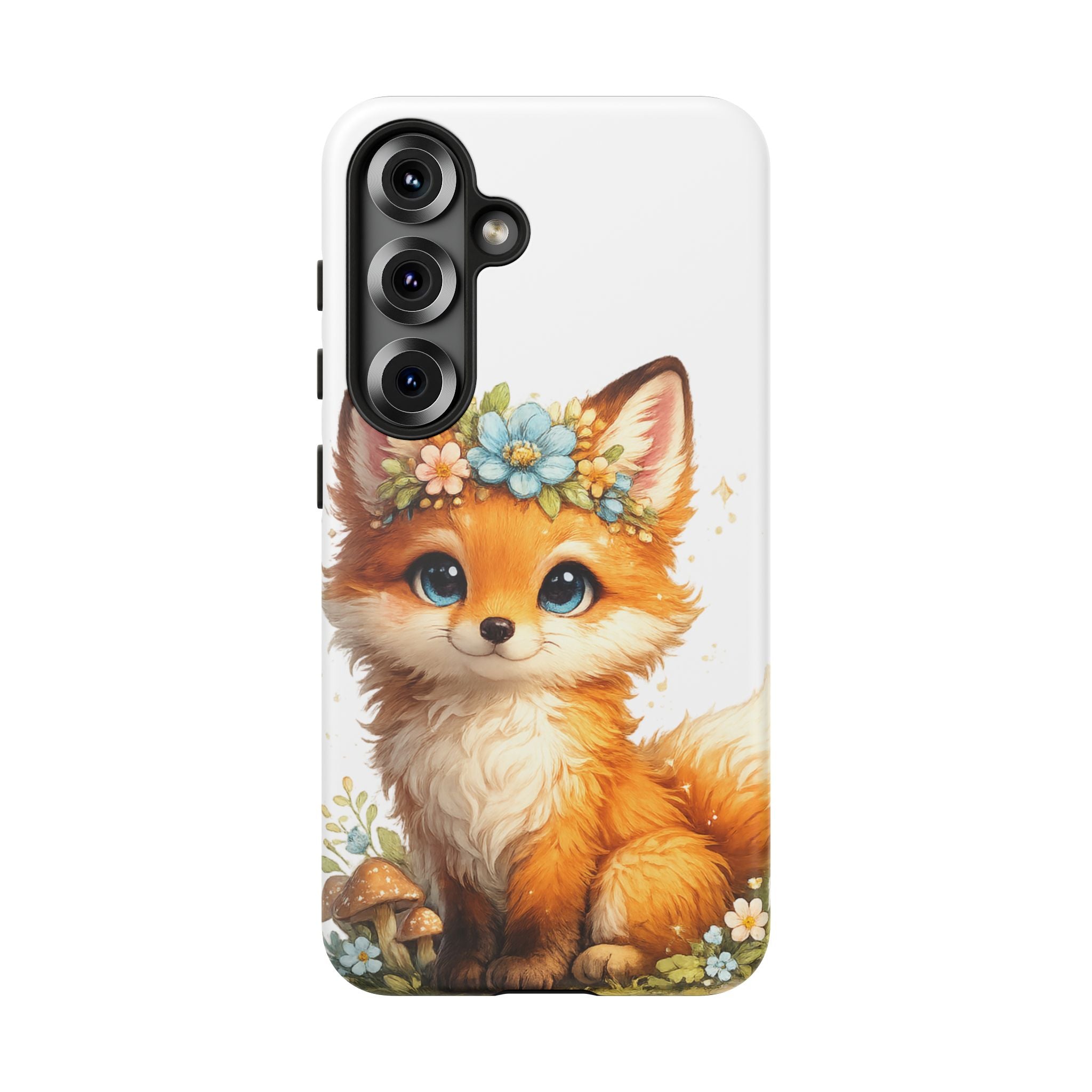 Woodland Fox Cub Phone Case — Protective Tough Case with Floral & Mushroom Art