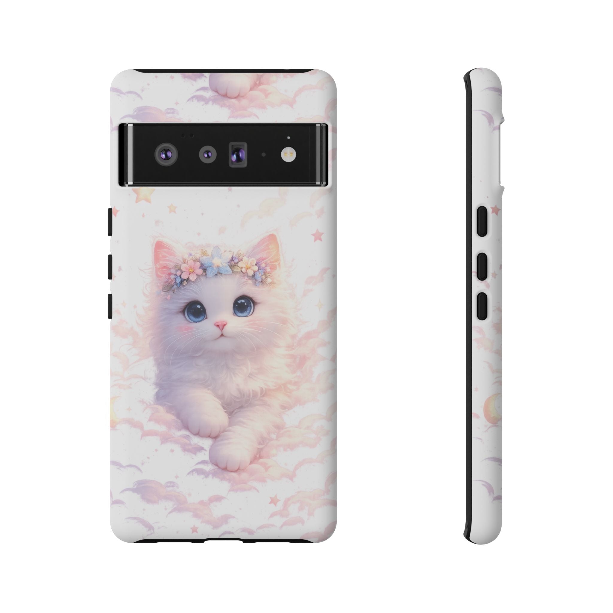 Cute Crowned Kitten Phone Case — Pastel Cloud & Star Protective Case