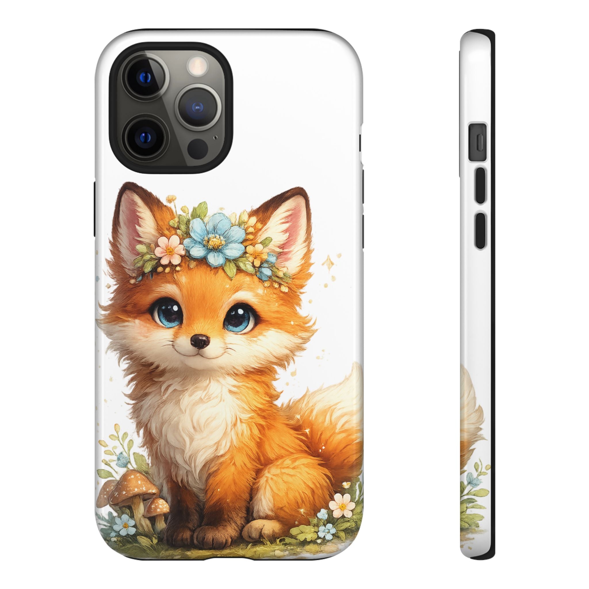 Woodland Fox Cub Phone Case — Protective Tough Case with Floral & Mushroom Art