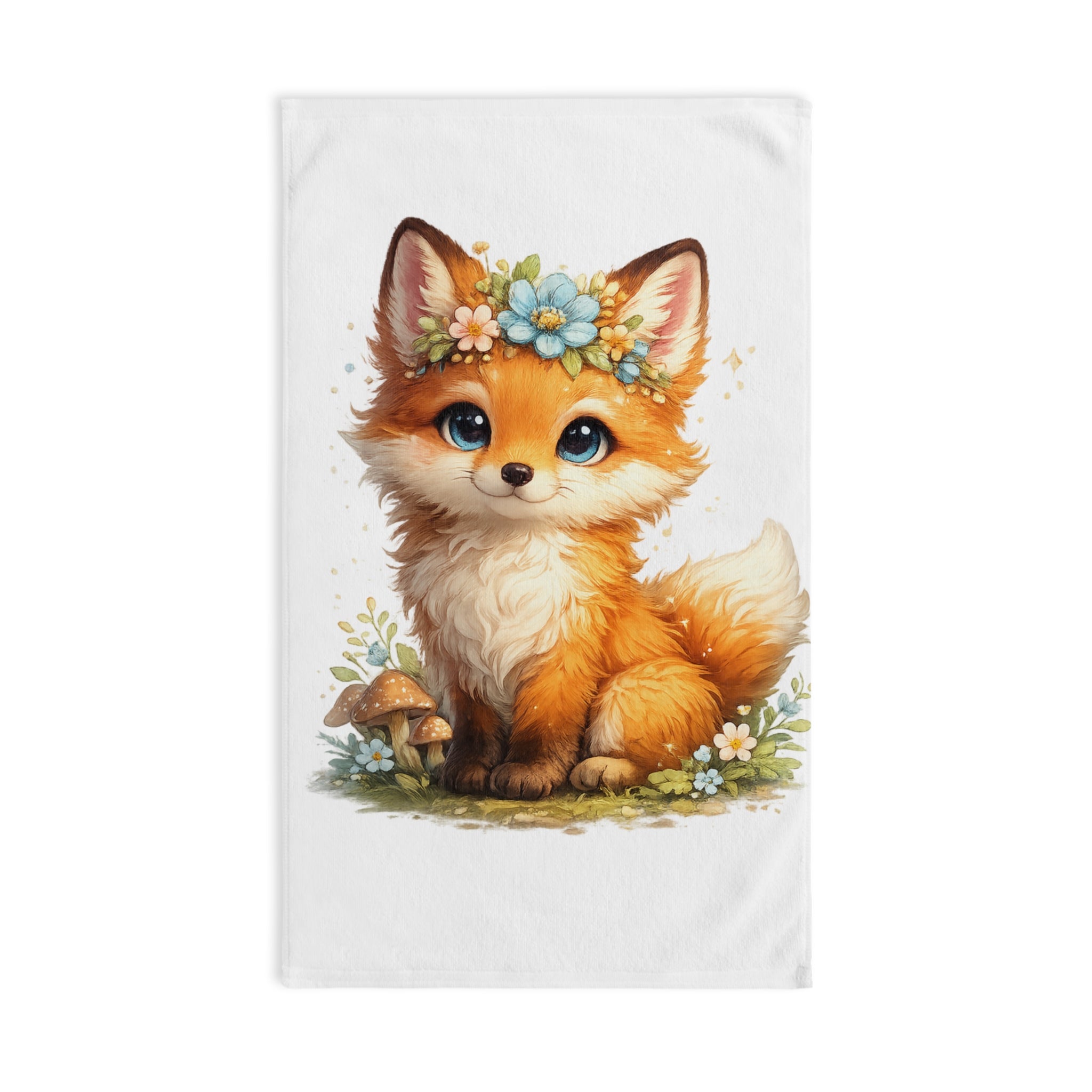 Woodland Fox Floral Hand Towel — Cute Fox with Mushroom & Flower Crown