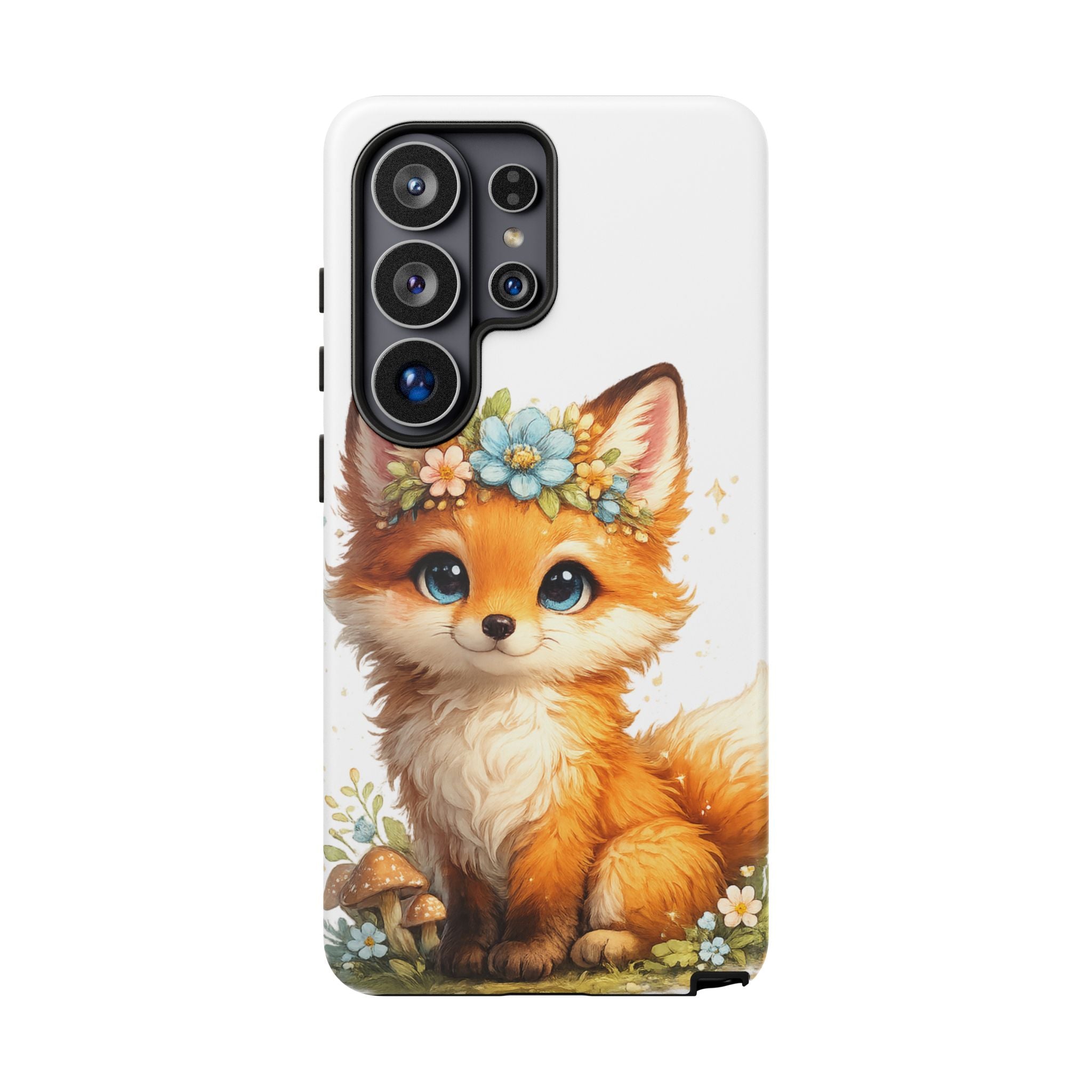 Woodland Fox Cub Phone Case — Protective Tough Case with Floral & Mushroom Art